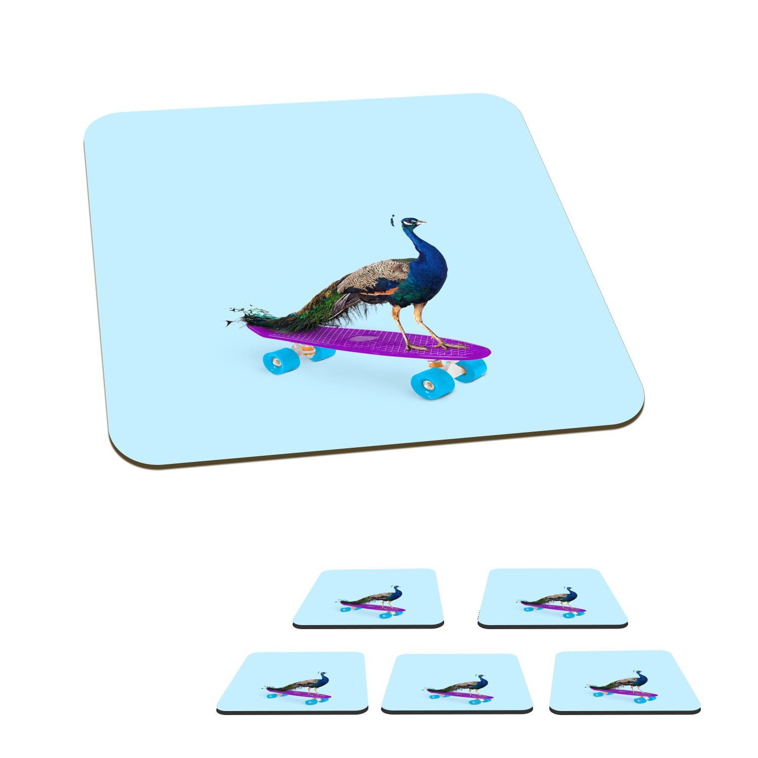 MuchoWow Glasuntersetzer Pfau - Blau - Skateboard - Tiere - Lustig, Zubehör für Gläser, 6-tlg., Glasuntersetzer, Tischuntersetzer, Korkuntersetzer, Untersetzer, Tasse