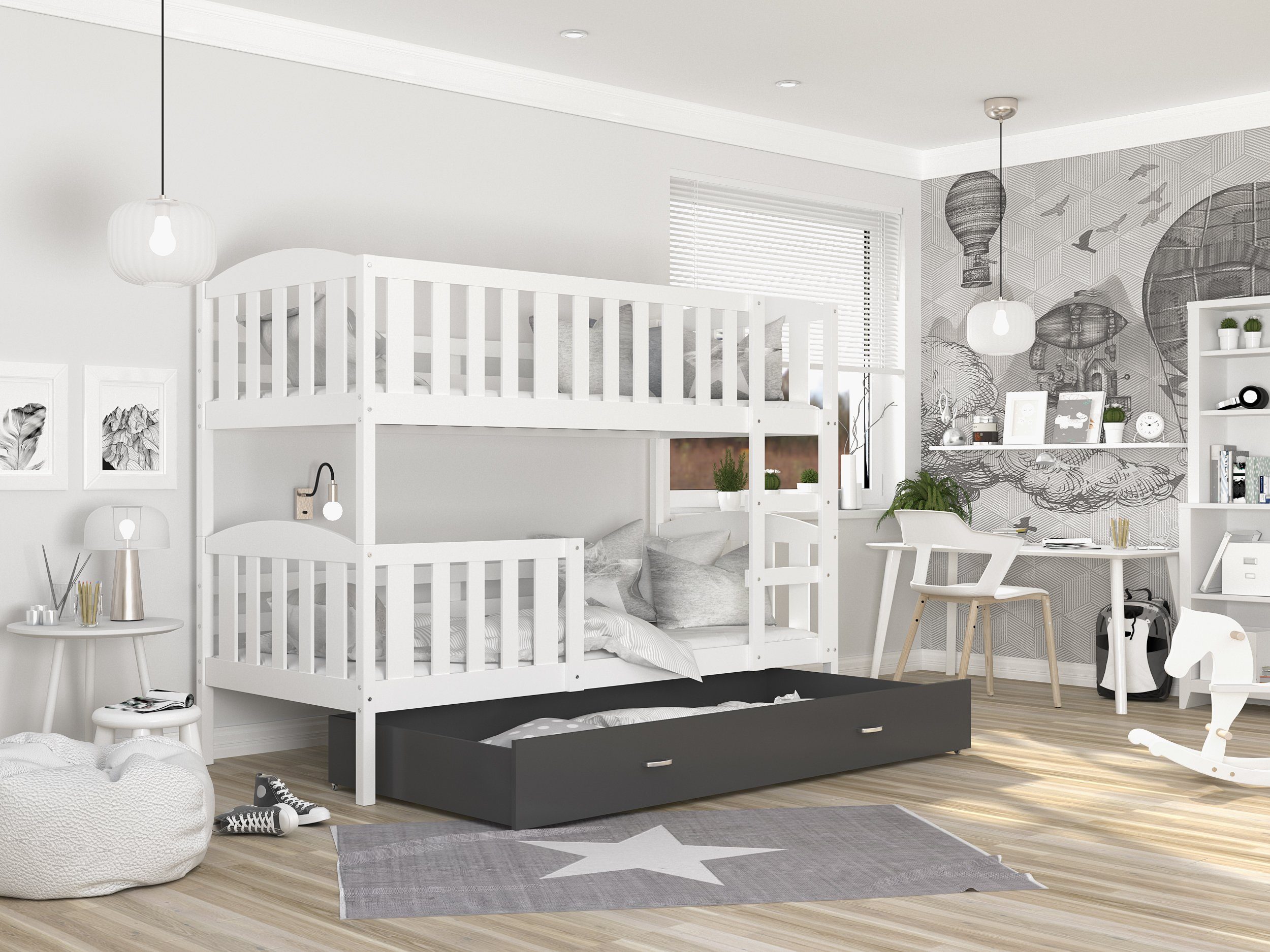 Siblo Kinderbett Rupert (Flexibler Lattenrost, Schublade, Sicherheitsbarriere, Schaummatratzen), Massivholz, Möbelplatte Weiß und Grau