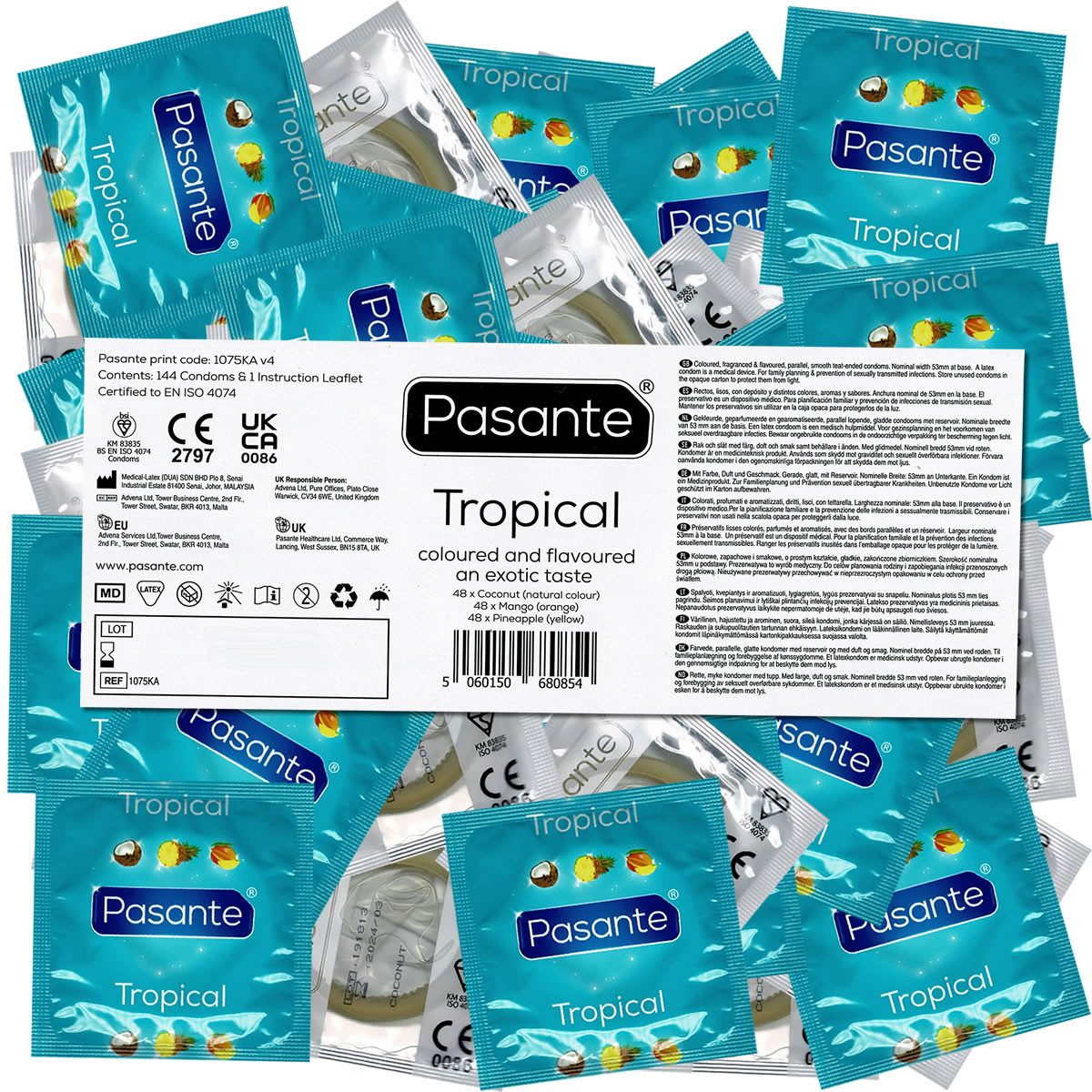 Pasante Kondome Pasante Vorratspackung, fruchtige Kondome mit Aroma Sorte: Tropical Flavours, 144 St., Kondome mit tropischem Geschmack (Kokosnuss, Mango, Ananas), Kondome für Oralverkehr