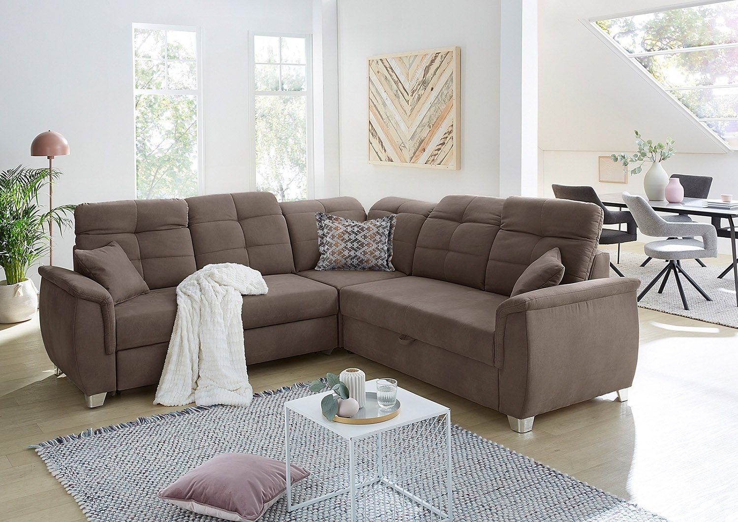 Sofa Ausziehfunktion UDINE, Mikrofaserbezug, 252 cm, B x T cm Bettkasten Braun, mit 252