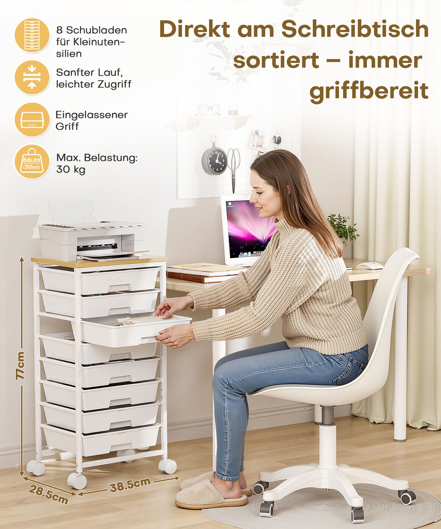 Yorbay Rollwagen mit 8 Schubladen und Holzplatte, Schubladenschrank aus Kunststoff, (Multifunktionaler Aufbewahrungsrollcontainer mit Rollen), für Wohnzimmer, Schlafzimmer, Badezimmer, Büro, Klassenzimmer, Küche