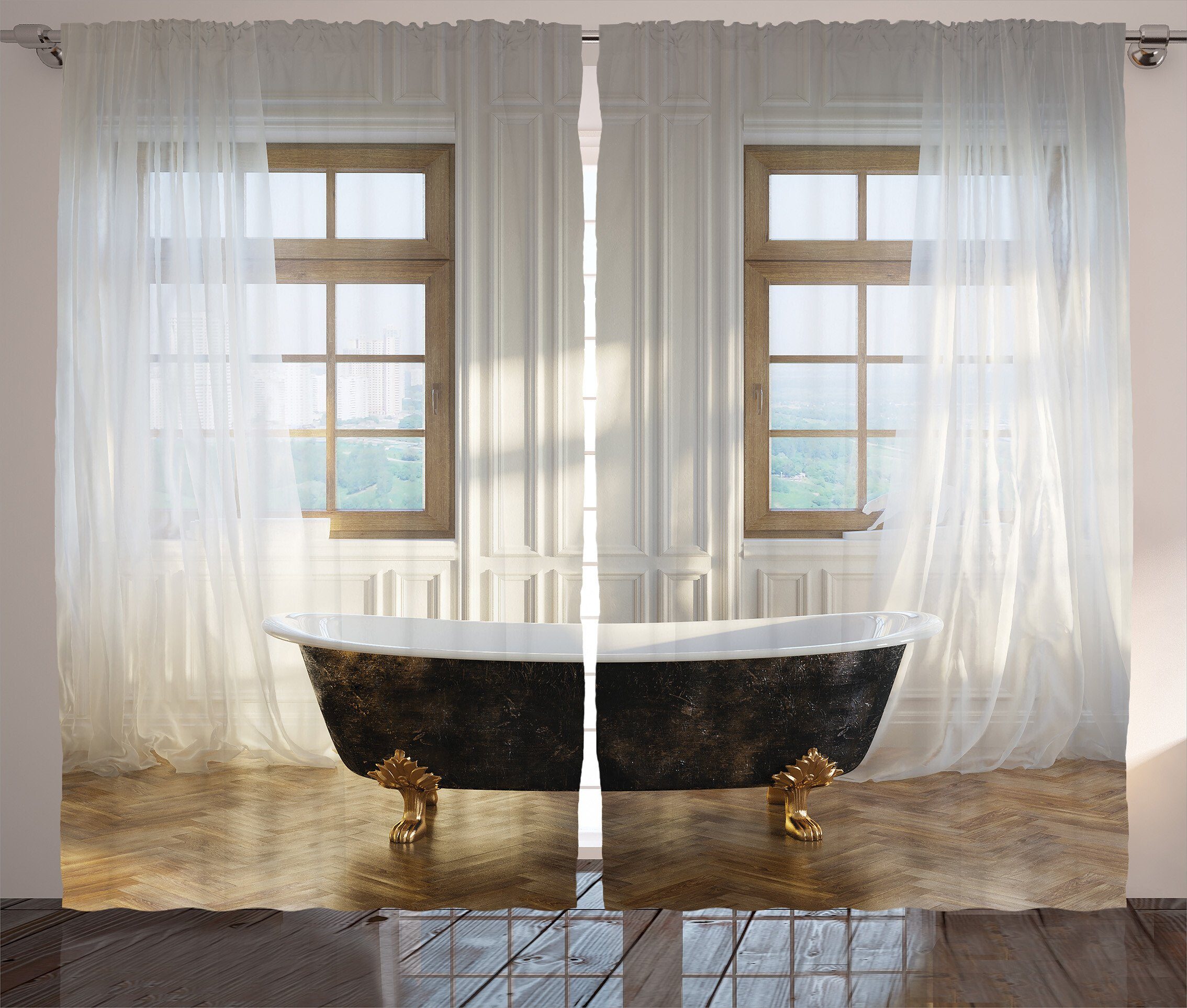 Gardine Schlafzimmer Kräuselband Vorhang mit Schlaufen und Haken, Abakuhaus, Antiquität Badewanne im modernen Zimmer