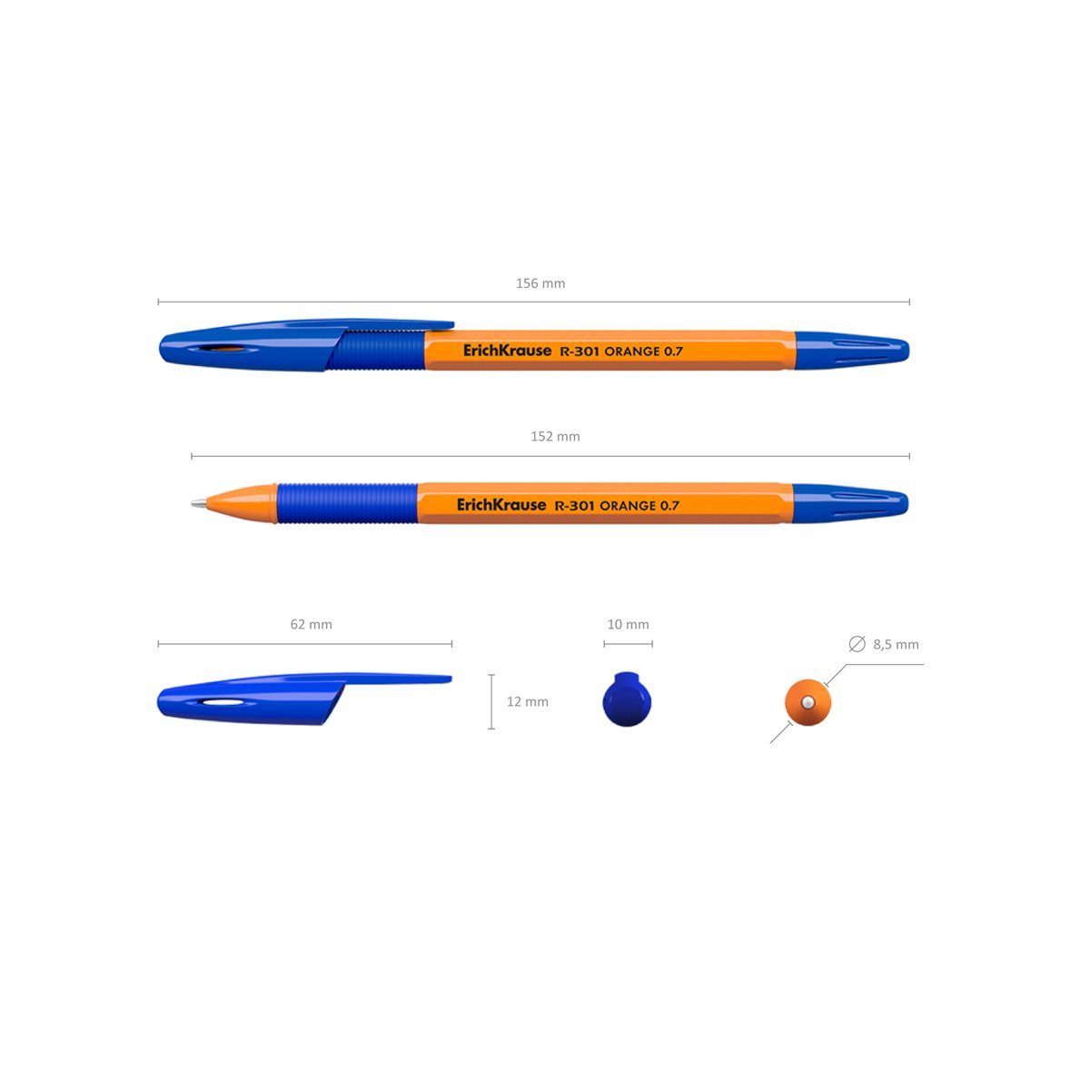 Erich Krause Kugelschreiber, Kugelschreiber R-301 Pack Orange Blau 0.7 50er Tinte Stick Gummigriff