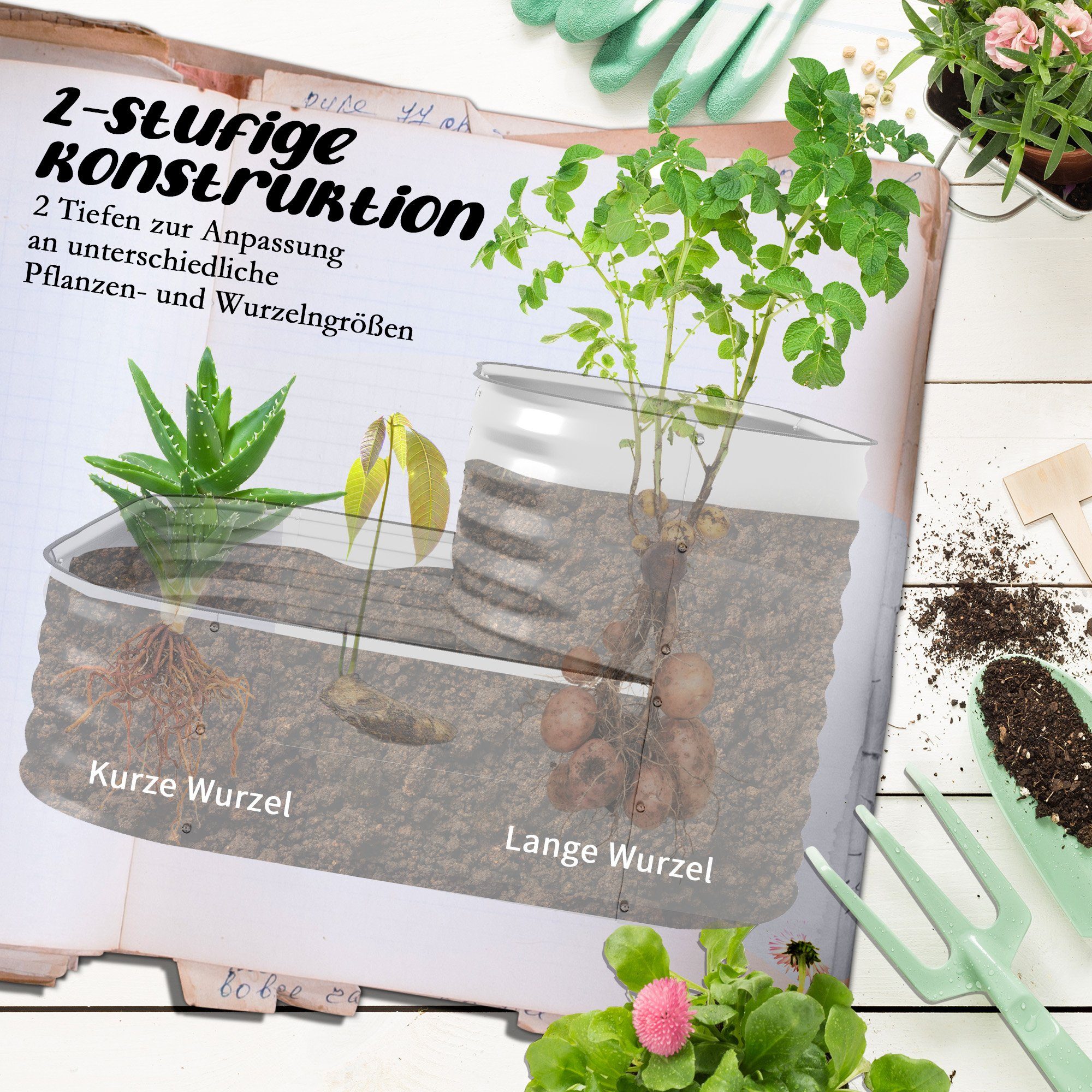 Outsunny Hochbeet 2-Stufiger Blumenkasten, Pflanzkasten, Gemüsebeet (Kräuterbeet, 1 St., Blumenbeet), für Garten, Balkon, Silber