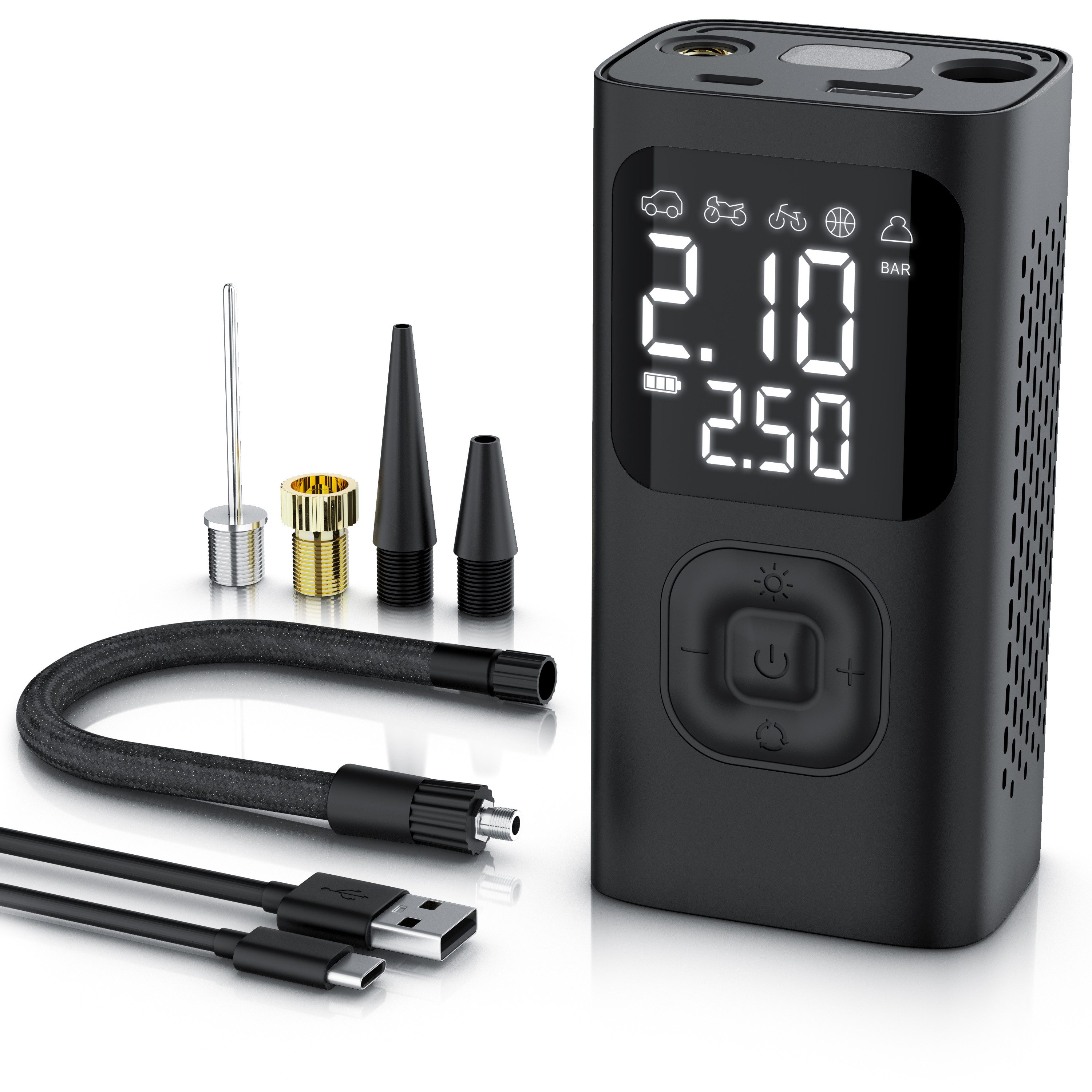 Brandson Akku-Luftpumpe Luftkompressor für Auto & Fahrrad, 150 PSI, LED-Display, Powerbank, elektrisch, 4 Modi, Adapter für Ball & Sclaverand-Ventil, LED-Licht