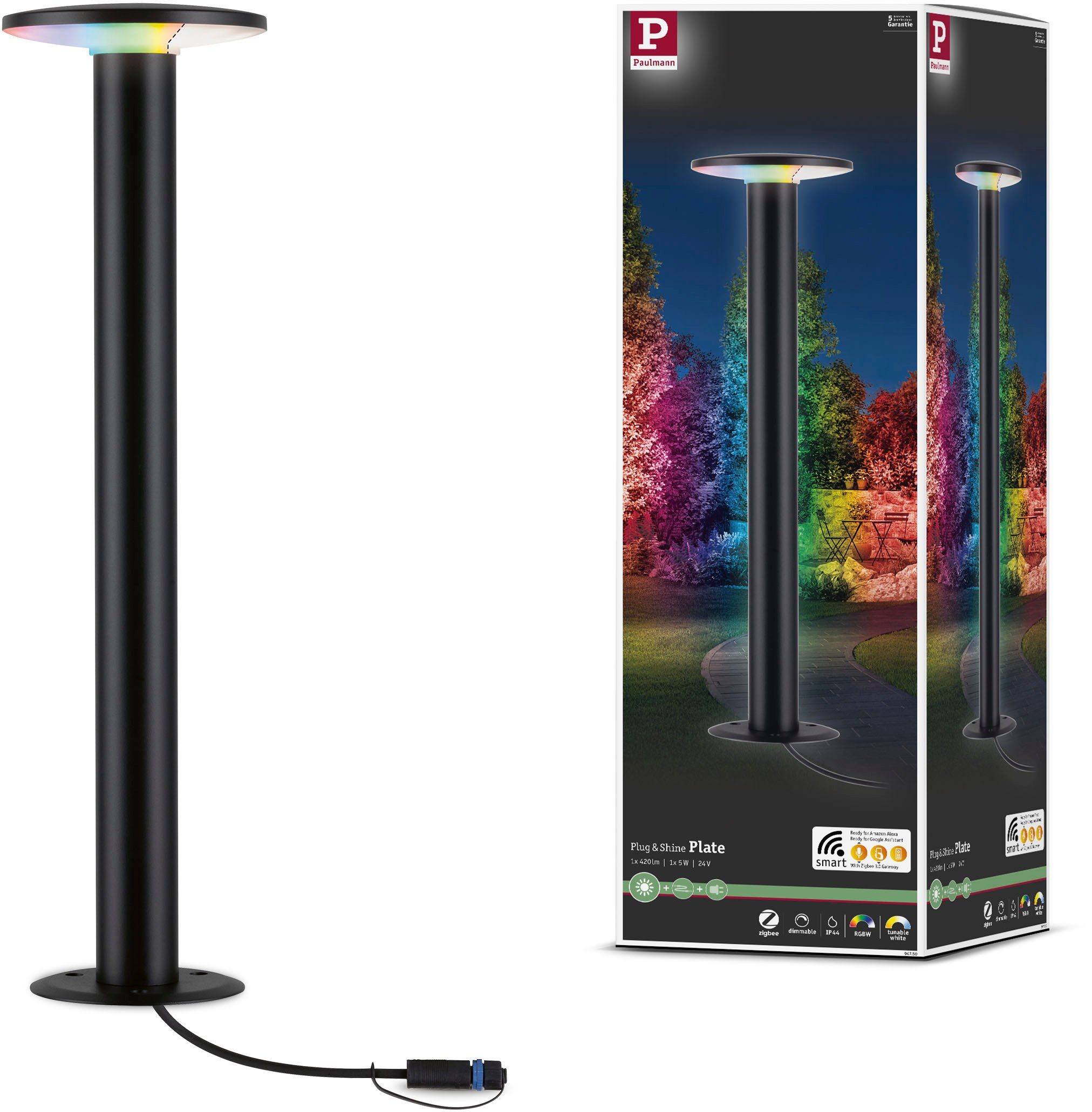 Paulmann LED Pollerleuchte Outdoor Plug & Shine Plate RGBW IP44, Farbwechsel, LED fest integriert, Tageslichtweiß, ZigBee, IP44 RGBW