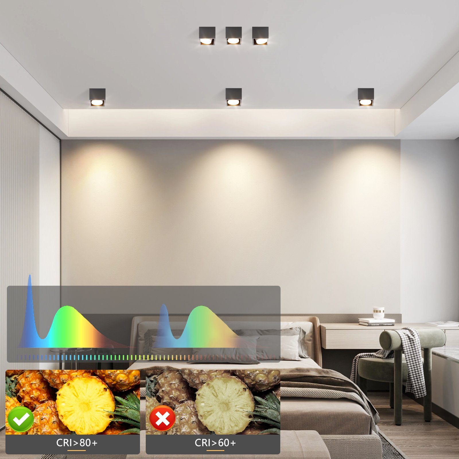 GX53 Eckig integriert, Schwarz, 1Flammig Aufbauleuchte Spots - fest Schwenkbar, Deckenspots Deckenstrahler LED Deckenleuchte Warmweiß Küche Modern ZMH LED 3000k, für