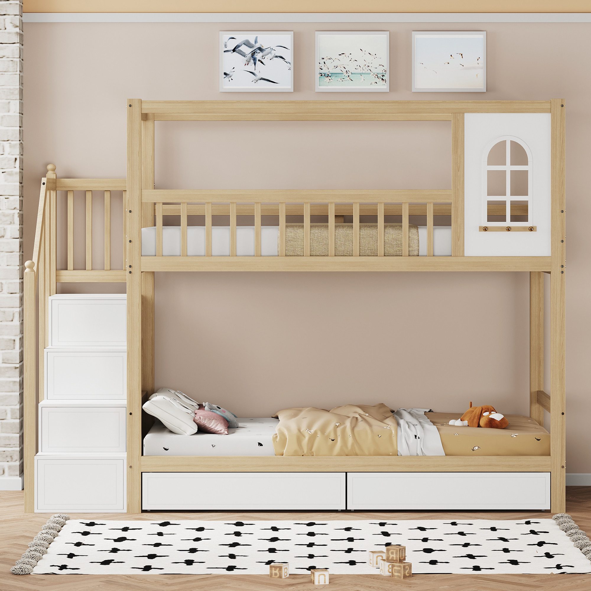 OKWISH Etagenbett in verspielter Hausform mit Sicherheitszaun, in Weiß (Hausform mit Sicherheitszaun und Aufbewahrungsschubladen, Kinderbett für Jungen und Mädchen, Kinderbett für Jungen und Mädchen), 90x200 cm, mit integrierten Aufbewahrungsschubladen, ohne Matratze