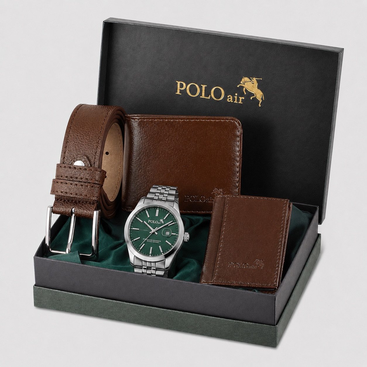 Jungengel Geschenkbox Polo Air Emerald Herren Armbanduhr Geldbörse Gürtel Kartenetui (Geschenkset, 5 St., 5-teilig: Herrenuhr, Geldbörse, Kartenetui und Gürtel+Geschenkbox), 5-Teiliges Set, grünes Zifferblatt, abgestimmte Accessoires
