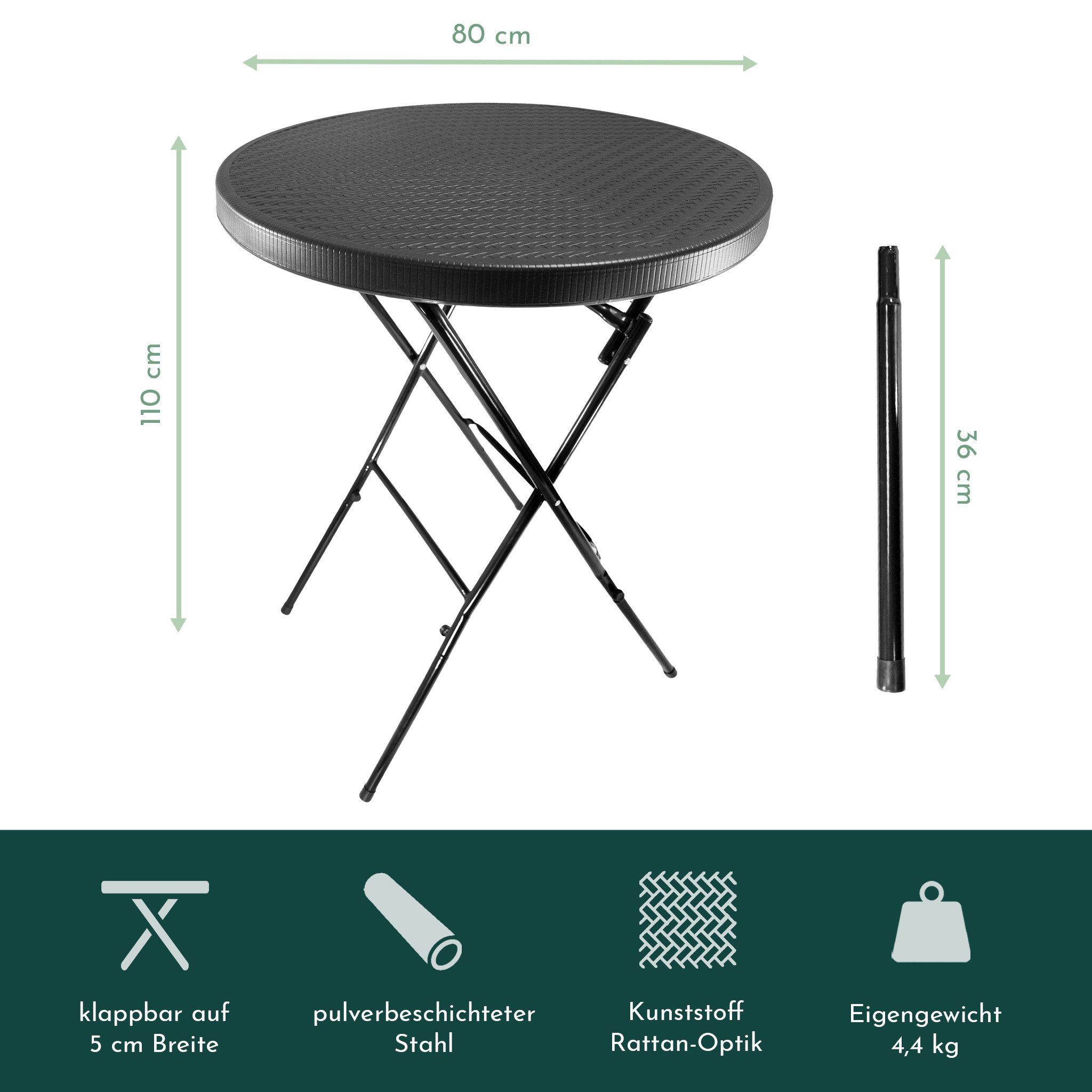 Lemodo Stehtisch klappbar 80 cm schwarz in Rattan-Optik, Höhe 110 cm (1 Tisch), Arbeitshöhe: 110 cm, Durchmesser Tischplatte: 80 cm