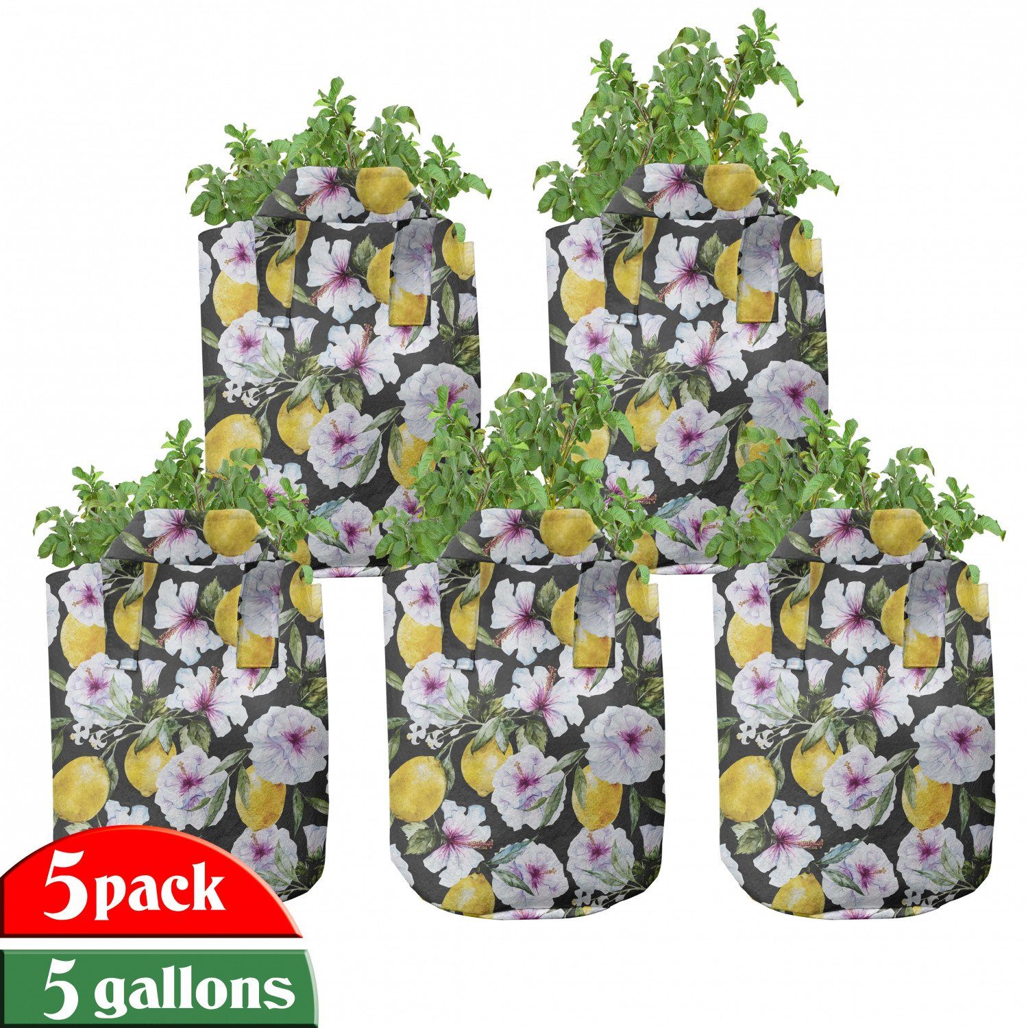 Abakuhaus Pflanzkübel hochleistungsfähig Stofftöpfe mit Griffen für Pflanzen, Tropisch Hibiscus Blütenblätter Zitronen
