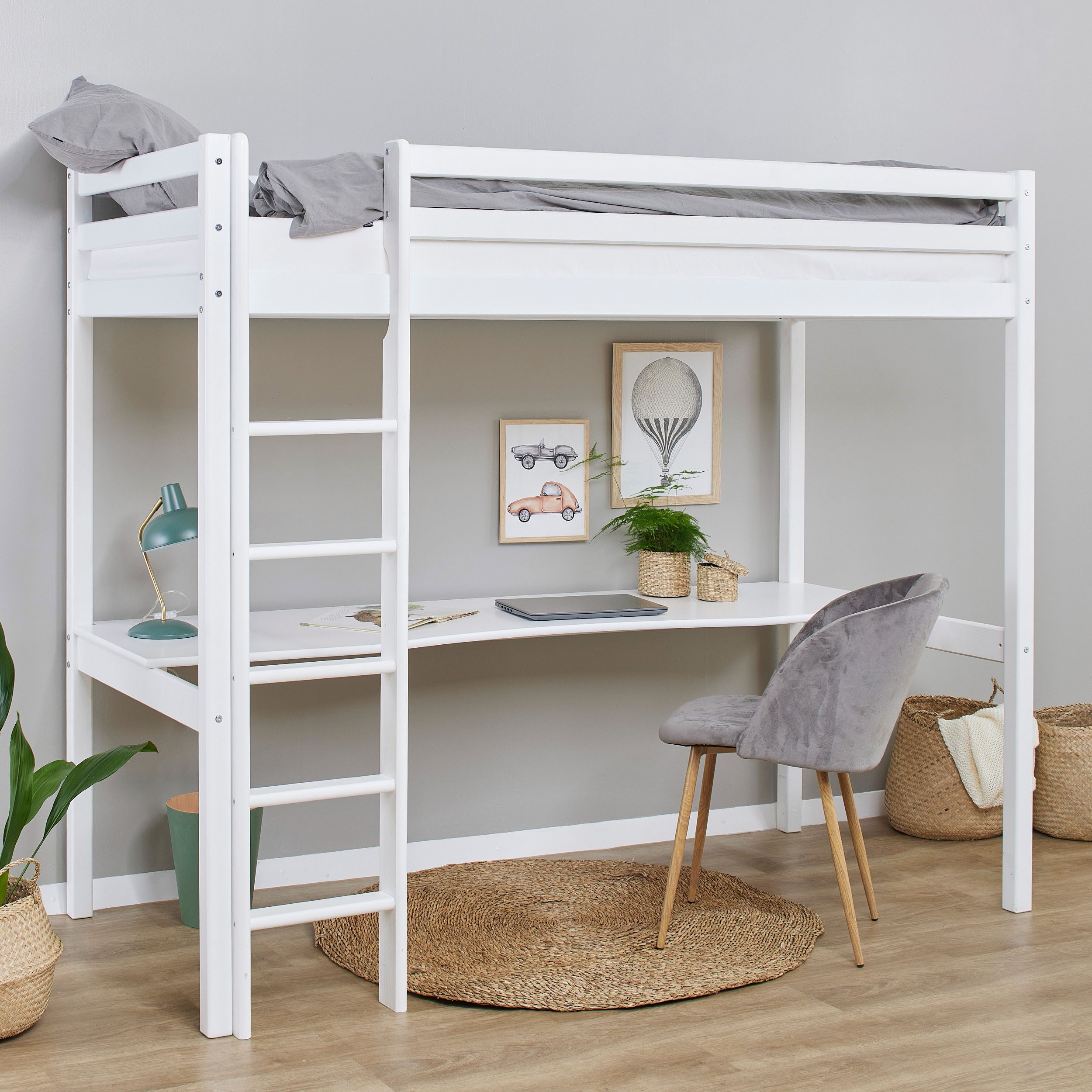 Hoppekids Hochbett Hochbett 90x200cm mit Schreibtisch, umbaubar zu Einzelbett FSC® zert. Massivholz, Hochbett ohne Schreibtisch nutzbar