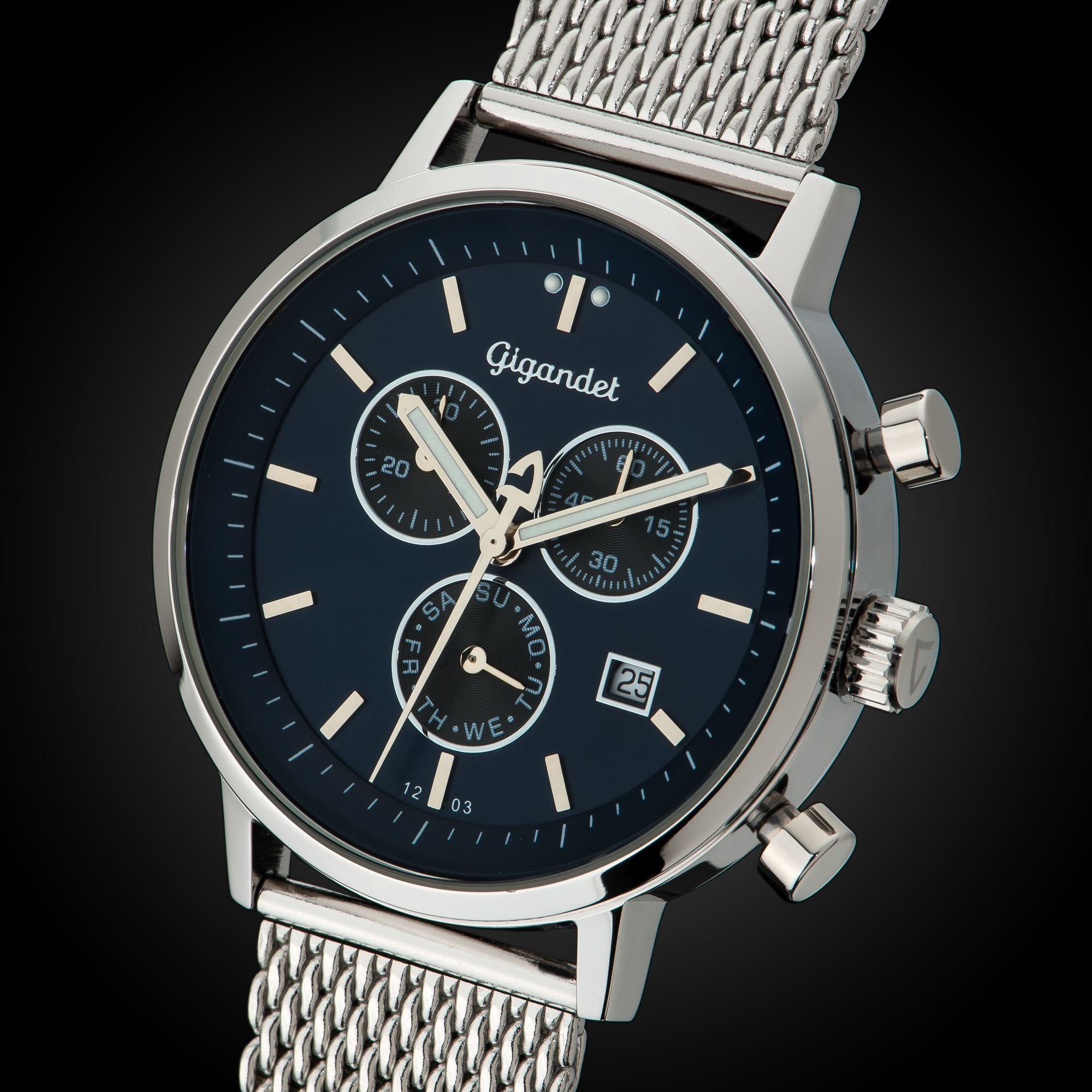 Gigandet Chronograph Armbanduhr, Herrenuhr, Stoppuhr, 41mm, CLASSICO G6-013, Mineralglas, Tages- und Datumsanzeige, Edelstahlband, 5bar wasserdicht
