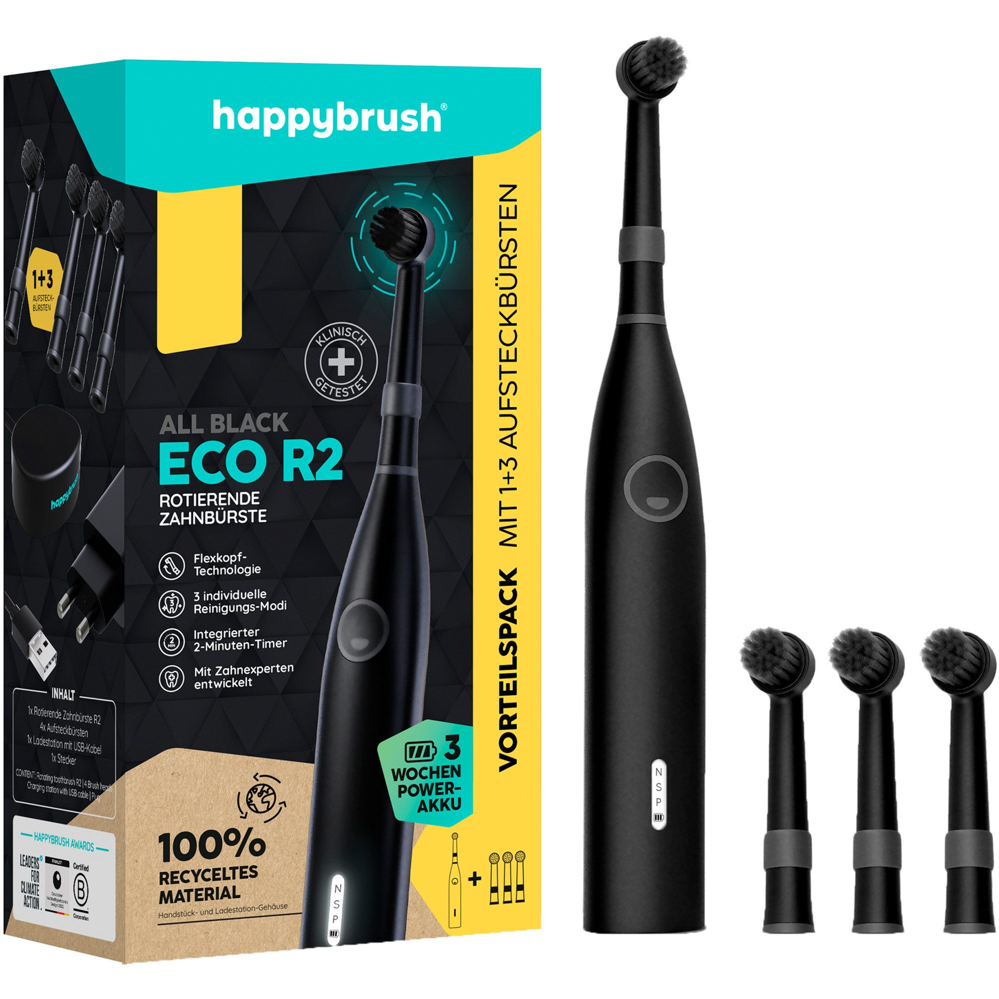 happybrush Elektrische Zahnbürste happybrush ECO R2 Allblack + 3 Refills