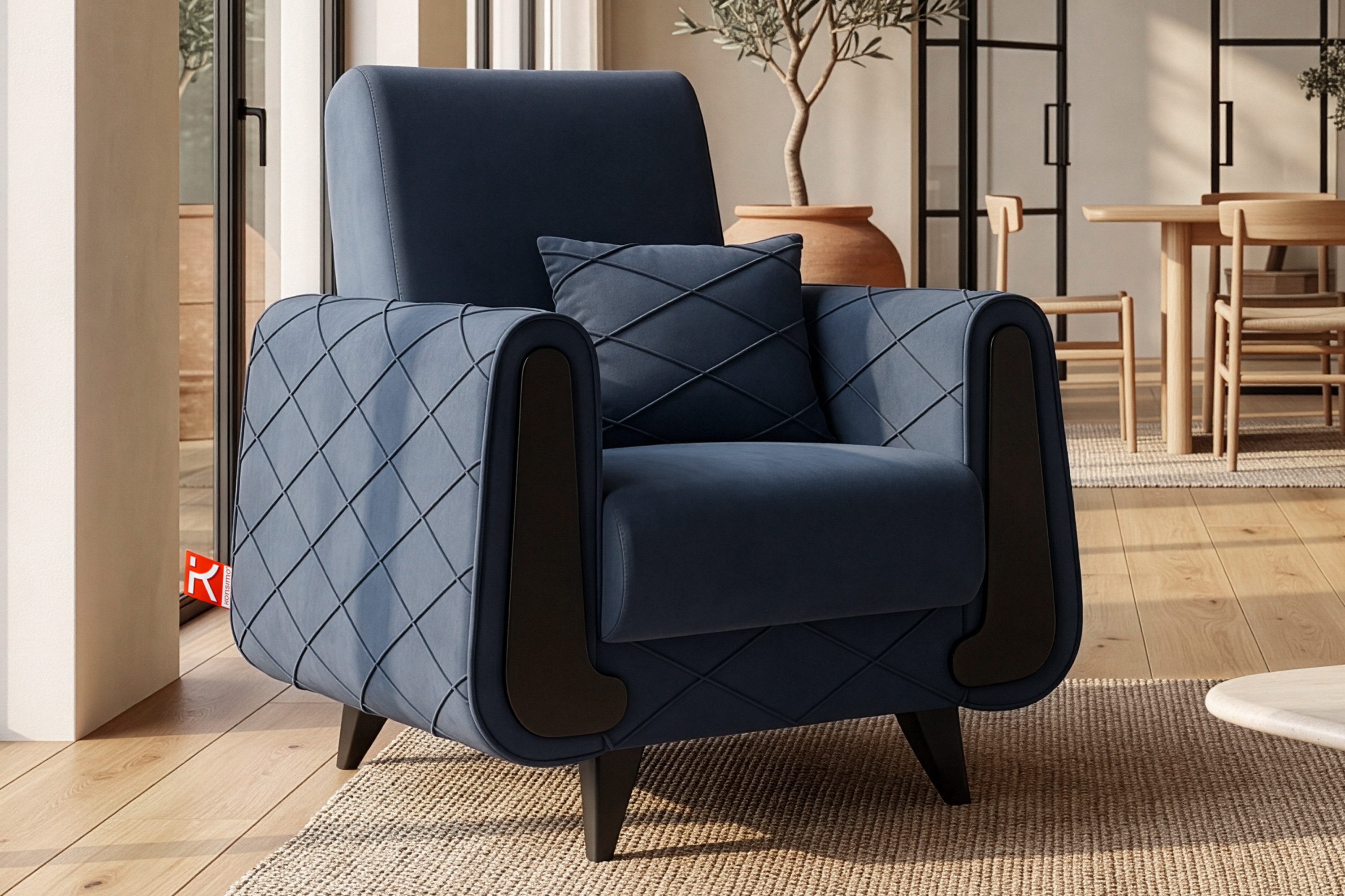 KONSIMO® Sessel Einzelsessel GUSTAVO III mit Armlehnen, hergestellt in der EU, mit Zierkissen, eleganten Nähten, Dekorative Elemente in Holzoptik