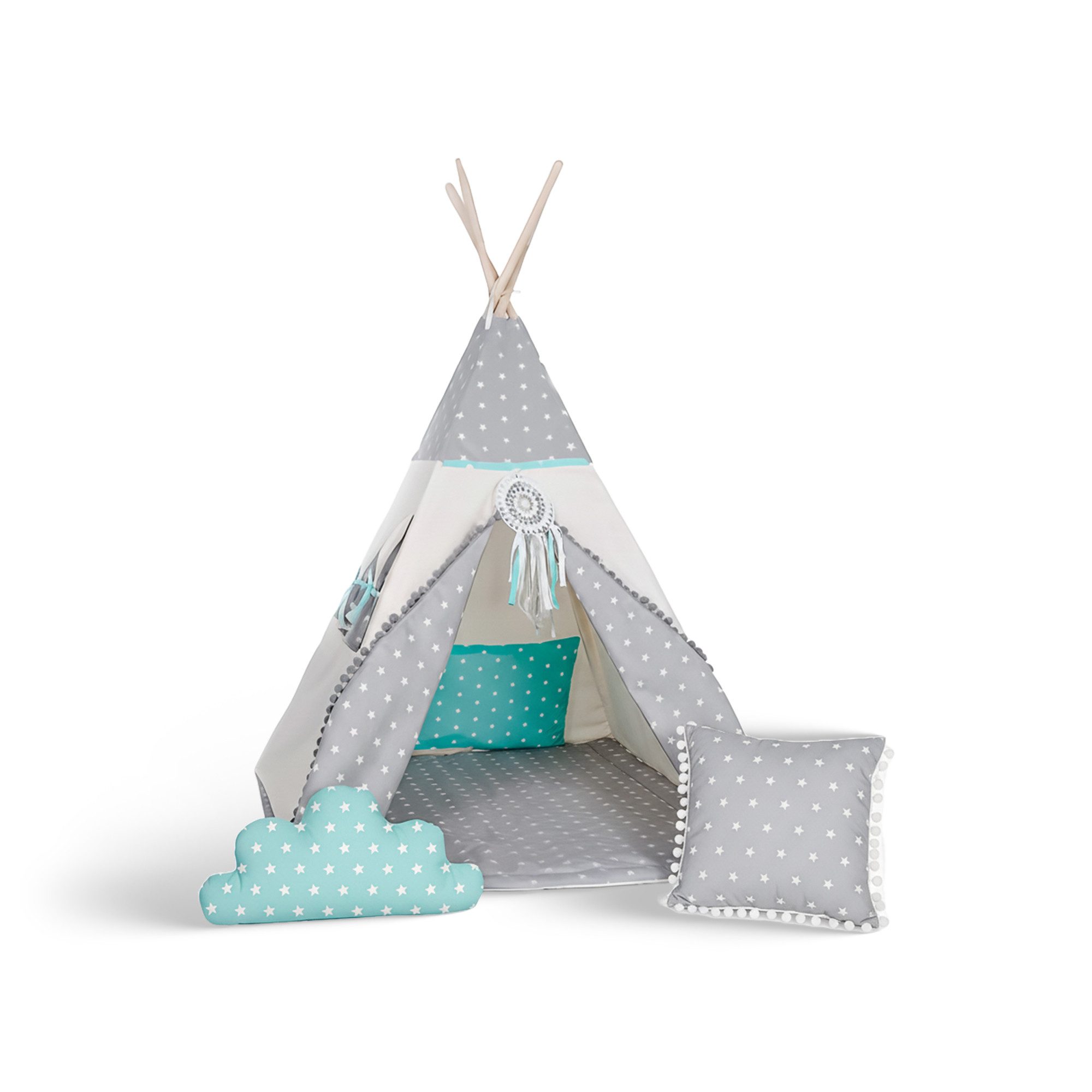 Rainbow Kids Tipi-Zelt Wolf Stern Grau, Personen: 2 (mit kleinem Zubehör, 4 tlg., mit 2 Kissen und Matte)