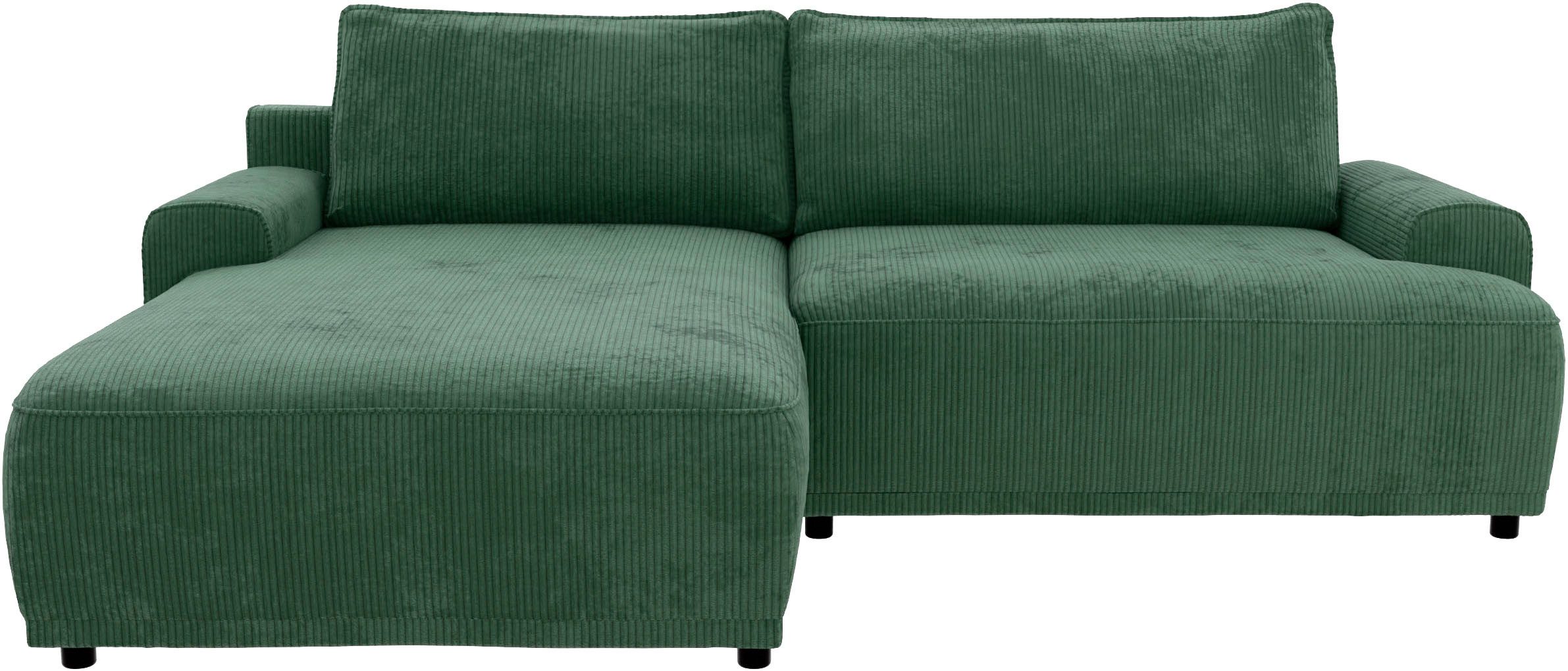 TRENDMANUFAKTUR Ecksofa Fordon, Schlafsofa mit Bettkasten, Couch in L-Form, Breite 250 cm, in Cordstoff HYPER, dunkelgrün, Recamiere links