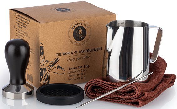 Buddy's Barista-Set Buddy´s Bar - Barista Edition, Premium, Milchkännchen 0,35 l, Kaffeestempel,Tamper, Kaffeenadel, Handtuch – Bild 2 von 5