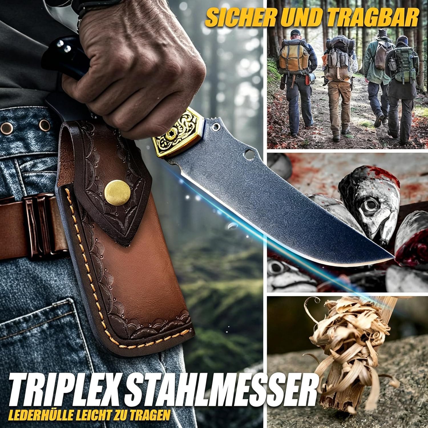 KingLux Damastmesser Damast Taschenmesser Klappmesser, Flipper,Messerscheide Leder – Bild 5 von 5
