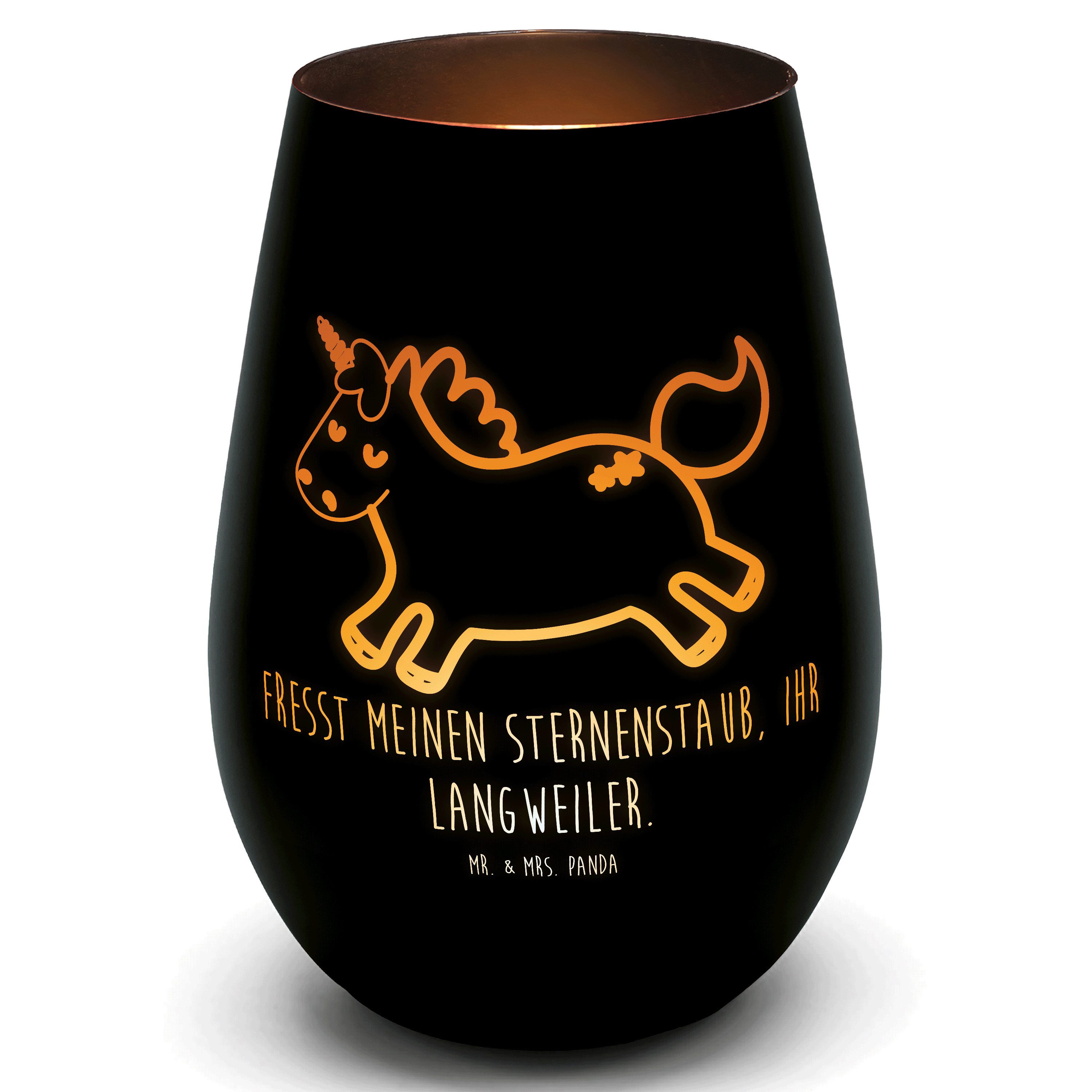 Mr. & Mrs. Panda Windlicht Einhorn Happy - Schwarz - Geschenk, Teelicht aus Glas, Einhorn Deko, (1 St), Handgefertigte Gravur