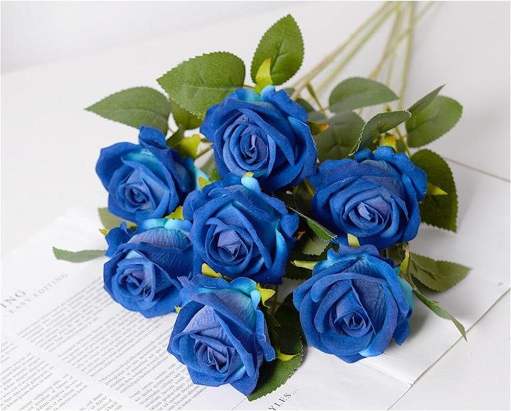 Rose Blume,Valentinstag Blume, Hochzeit Blau Rouemi, Künstliche Kunstblumenstrauß Dekoration Geschenk 7Stück