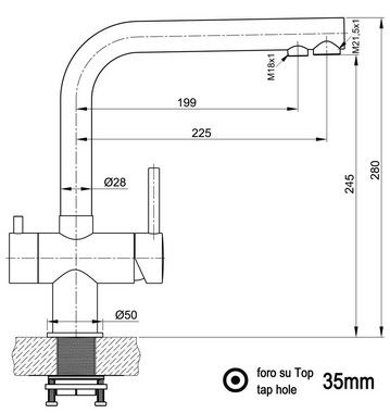 VIZIO Küchenarmatur NIEDERDRUCK 3 Wege Edelstahl Massiv Küchenarmatur L-Auslauf, HOCHGLANZ zum Anschluss an einen Niederdruck- Boiler und für einen Wasserfilter