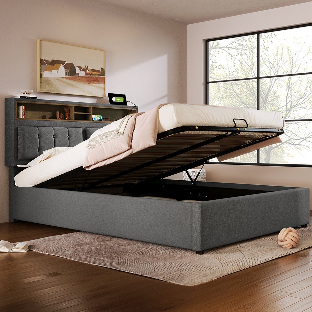 Polsterbett (Hydraulisches Stauraumbett mit Lattenrost), Doppelbett 160x200cm mit USB Typ C Ladefunktion Kopfteil, Leinen