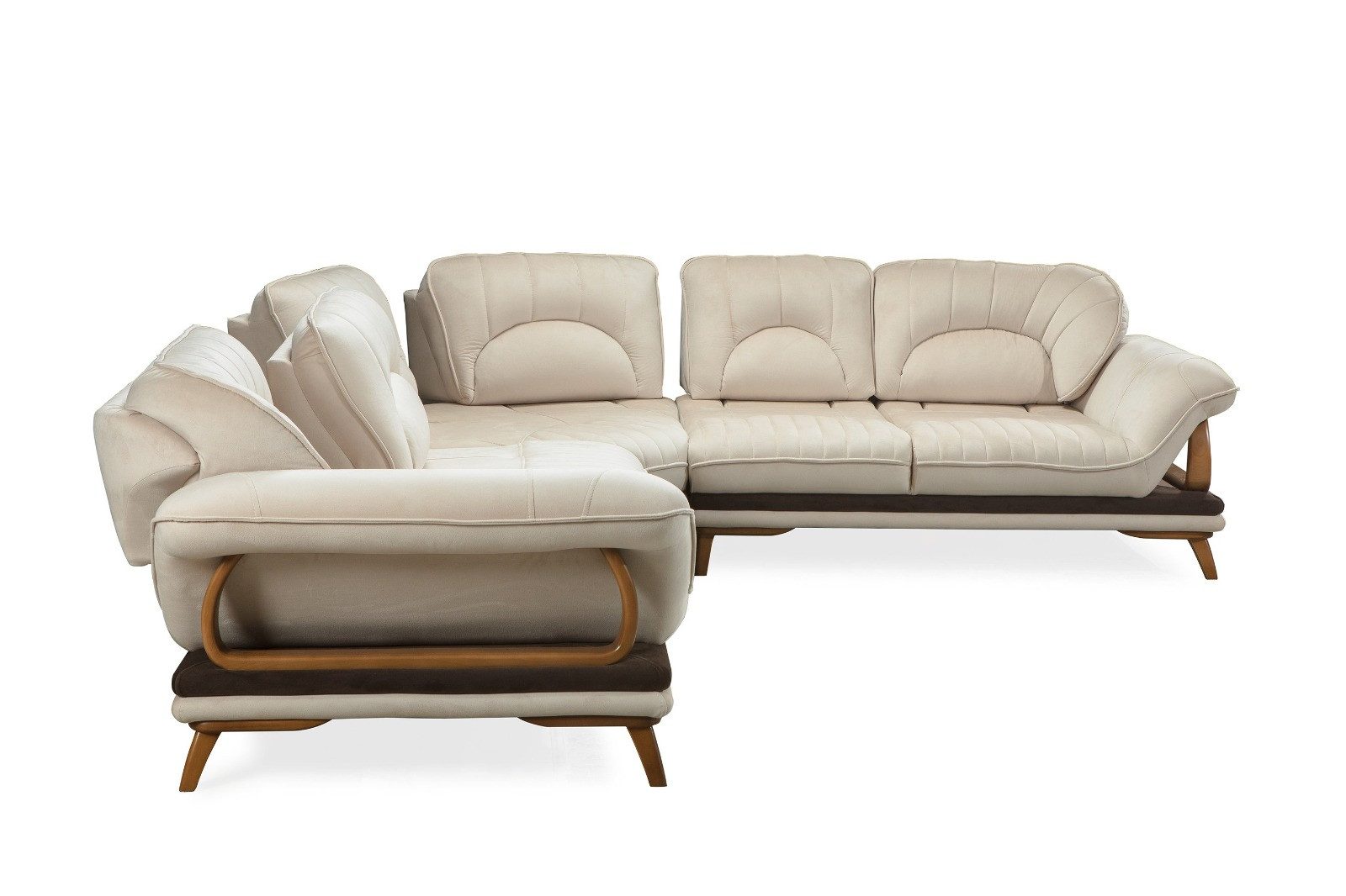 Polsterei Marya Ecksofa Melisa L-form, Hellbeige – Luxuriöse Steppung & Holz-Akzente – Großzügig & Freistehend, 6-Sitzer Wohnlandschaft aus Stoff inklusive