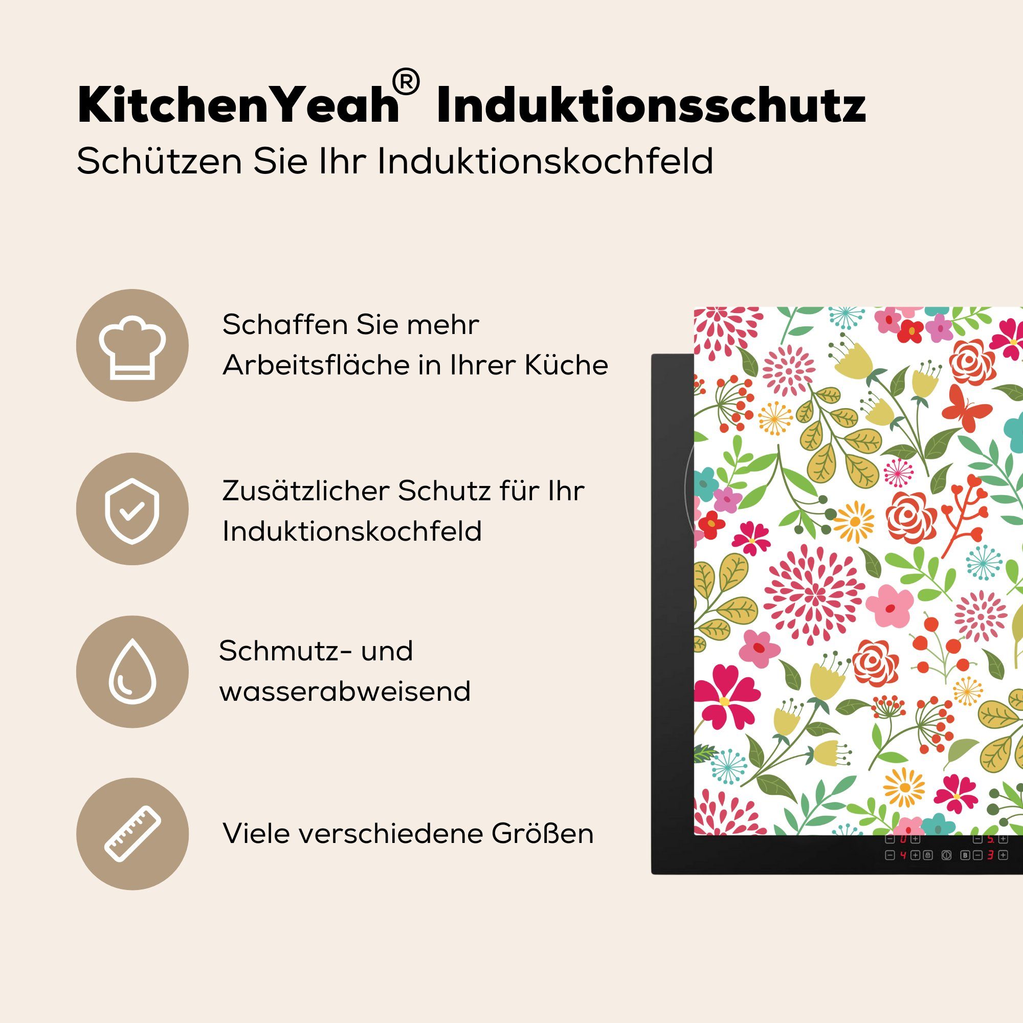 Farben küche tlg), Blumen cm, - Muster, Ceranfeldabdeckung, - Vinyl, 78x78 Herdblende-/Abdeckplatte für (1 MuchoWow Arbeitsplatte