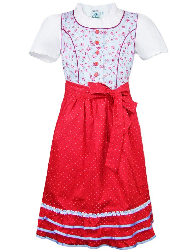 mit Trachtenkleid Kinder 3-tlg. 44943 Blümchenmuster Dirndl "Mareike" - Bluse Hellblau Isar-Trachten Rot,