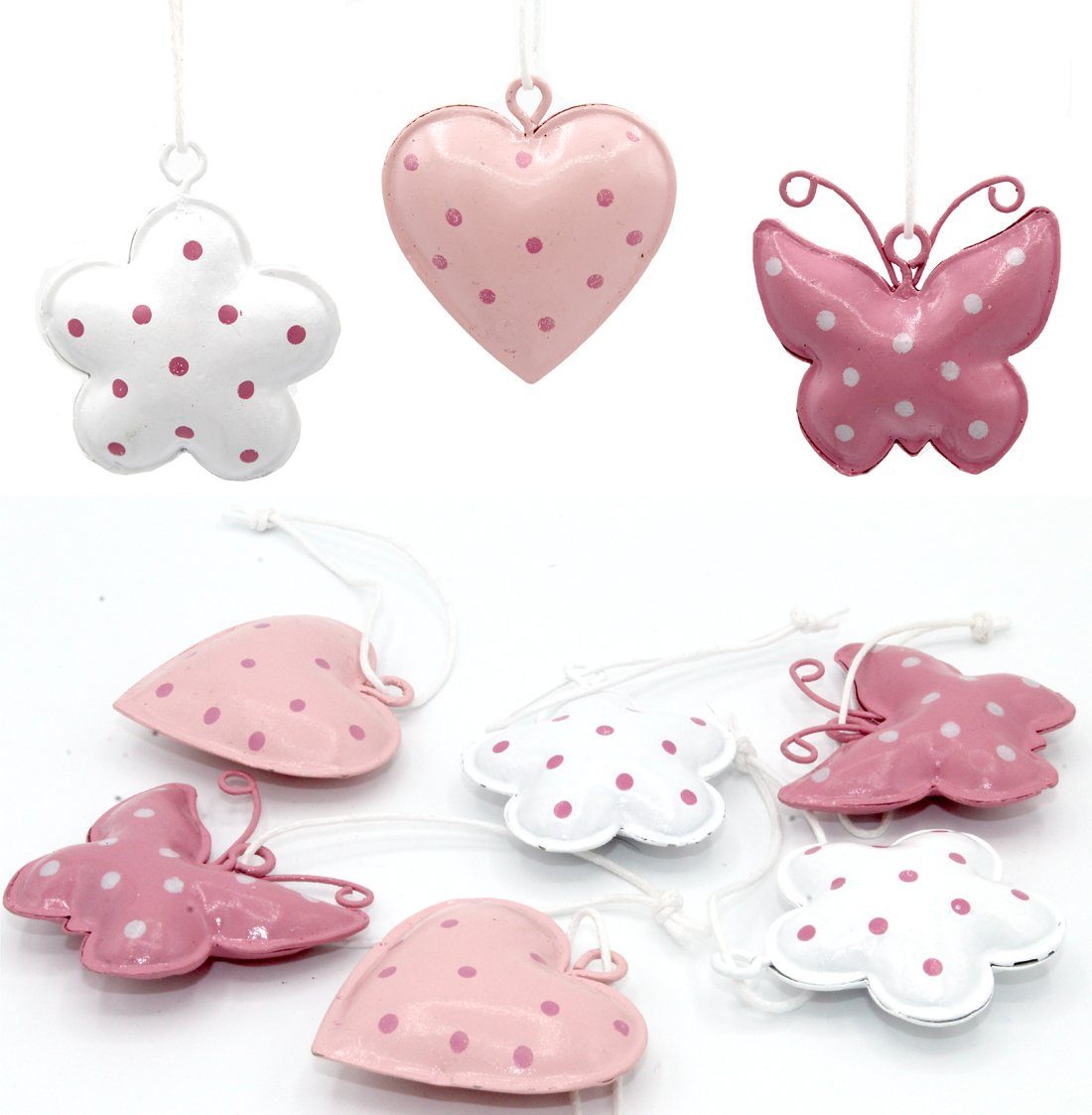 Hängedekoration 9er SET Anhänger Deko Metall Blume Herz Schmetterling bunt