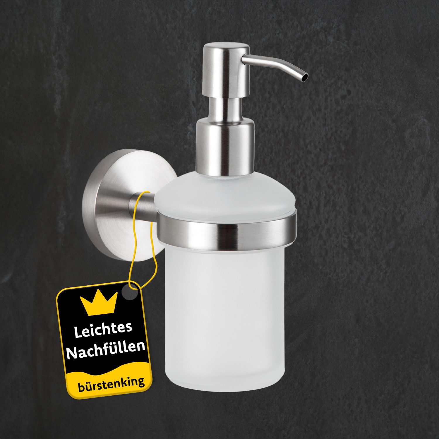 Bürstenking Seifenspender Bürstenking Seifenspender 200 ml Edelstahl matt, Wandmontage Serie 190, Rostfrei, PVC-frei, nickelfrei, quecksilberfrei