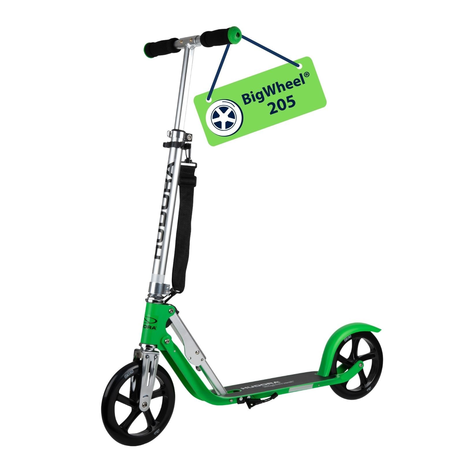 Hudora Cityroller BigWheel® 205 Tretroller - Höhenverstellbar & zusammenklappbar, (Kinder- & Erwachsenenroller für bis zu 100kg - Tretroller mit Ständer, Stabiler Aluminium-Roller), einklappbarer, höhenverstellbarer Kick-Scooter