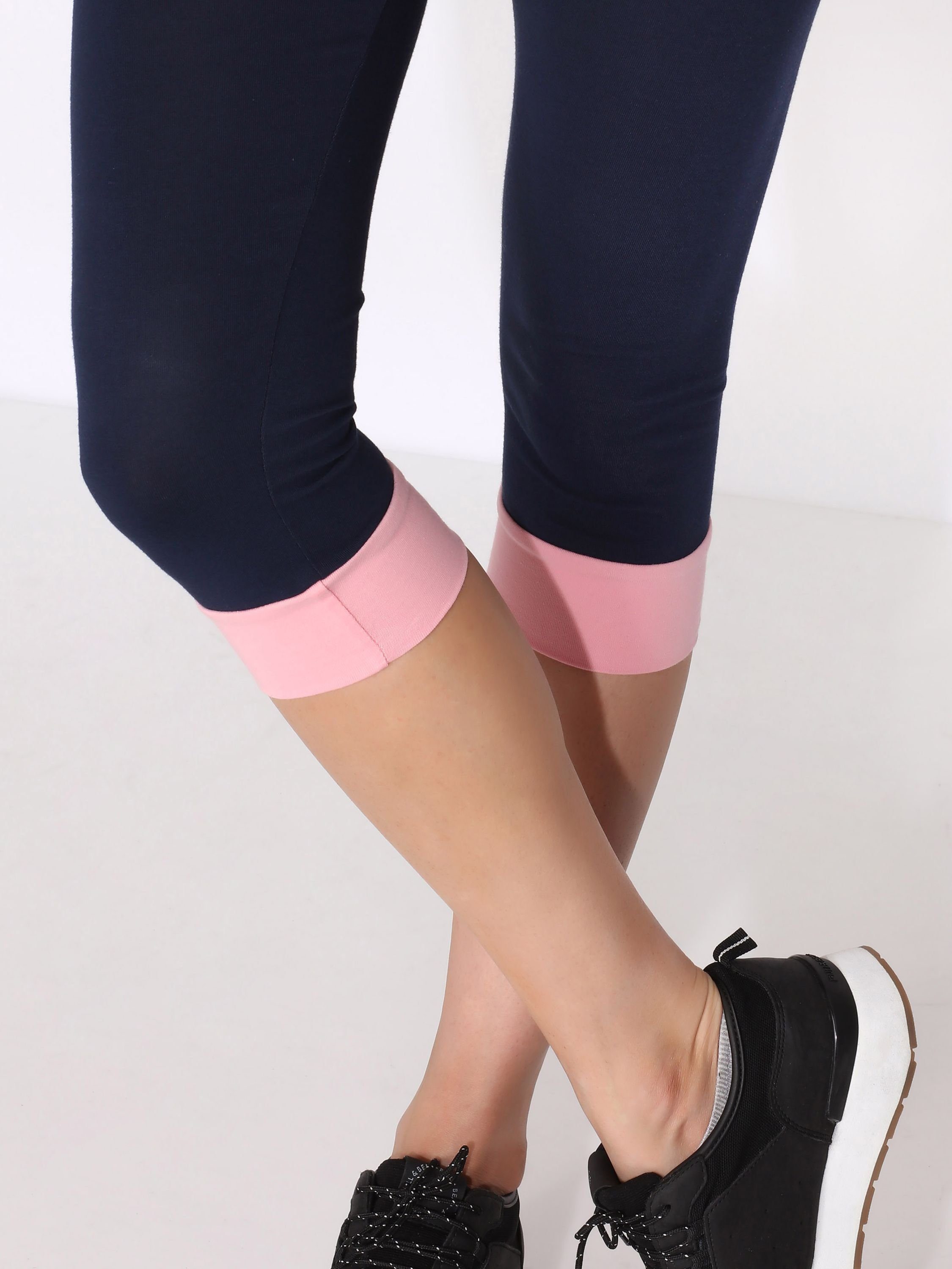 Damen Bund angenähtem Bündchen elastischer MS10-379 Leggings Leggings (1-tlg) Baumwolle Style Merry Marineblau/Aprikose aus mit