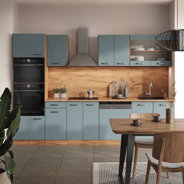 Livinity® Küchenzeile R-Line, Blau-Grau/Goldkraft Eiche, 300 cm mit Hochschrank, AP Marmor