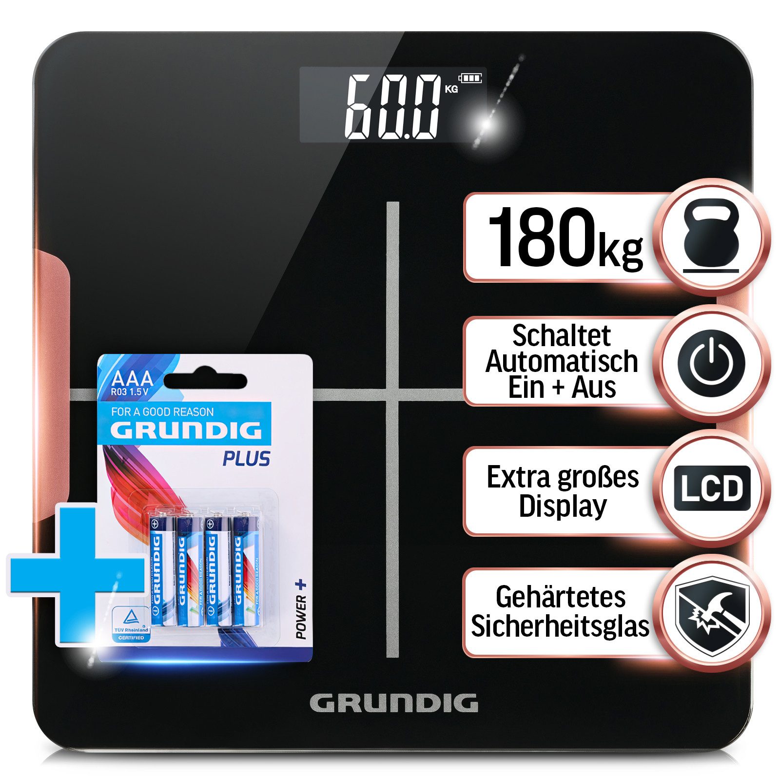 Grundig Personenwaage Personenwaage digital, Körperwaage bis 180 kg inkl. Batterien