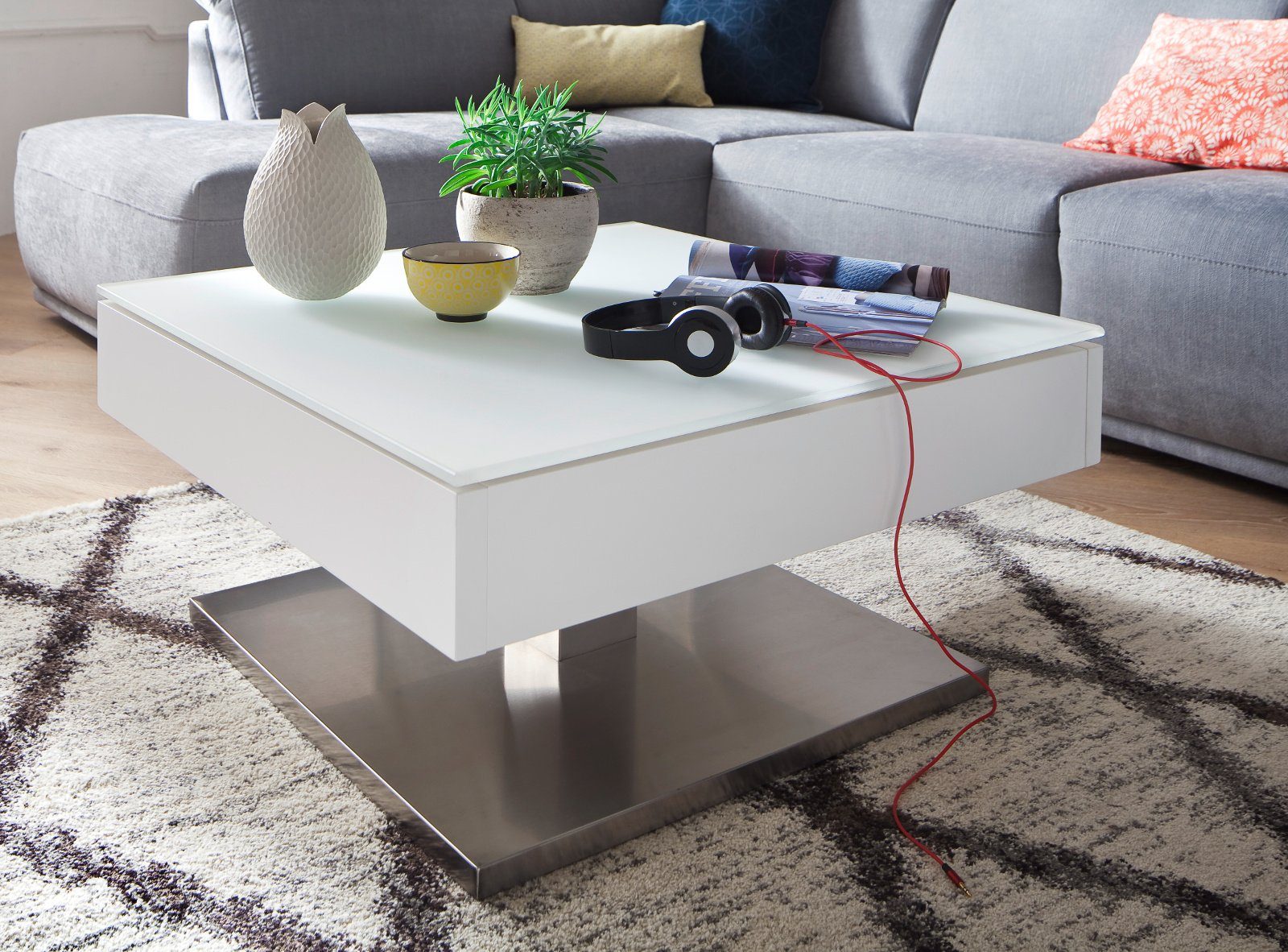 MCA furniture Couchtisch Mariko (Wohnzimmertisch quadratisch, 75x75 cm,  weiß Lack und Edelstahl), mit Stauraum, Tischplatte aus lackiertem Glas,  ca. 10 mm stark