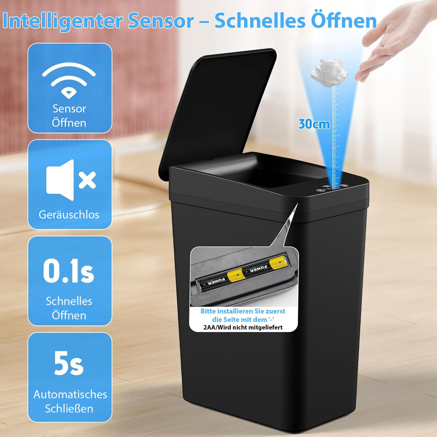 AKKEE Mülleimer mit Sensor 12L Elektrischer Mülleimer Mit Automatischem Deckel, Infrarotsensorik