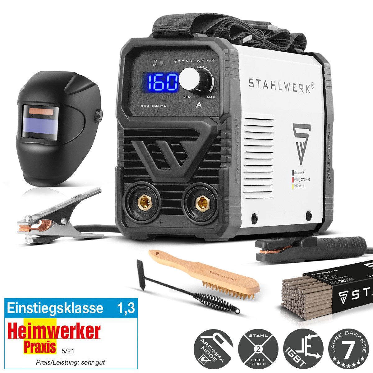 STAHLWERK Inverterschweißgerät ARC 160 MD Schweißgerät Vollausstattung, 30 - 160 A, Packung}, 6-tlg., Vollausstattung, Lift-TIG Inverter mit 160 Ampere, IGBT Technologie und Single-Board