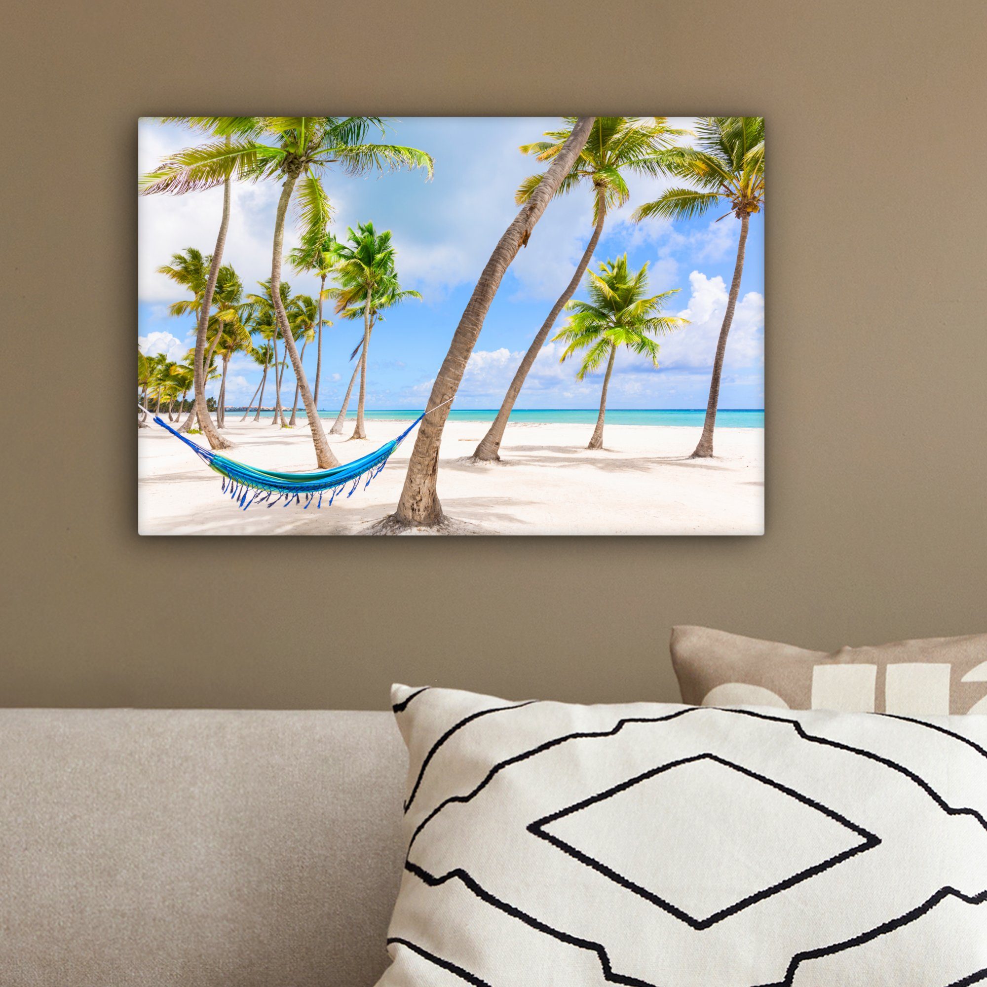 OneMillionCanvasses® Leinwandbild - cm Strand (1 30x20 St), Wanddeko, Wandbild - Hängematte Aufhängefertig, Palmen, Leinwandbilder