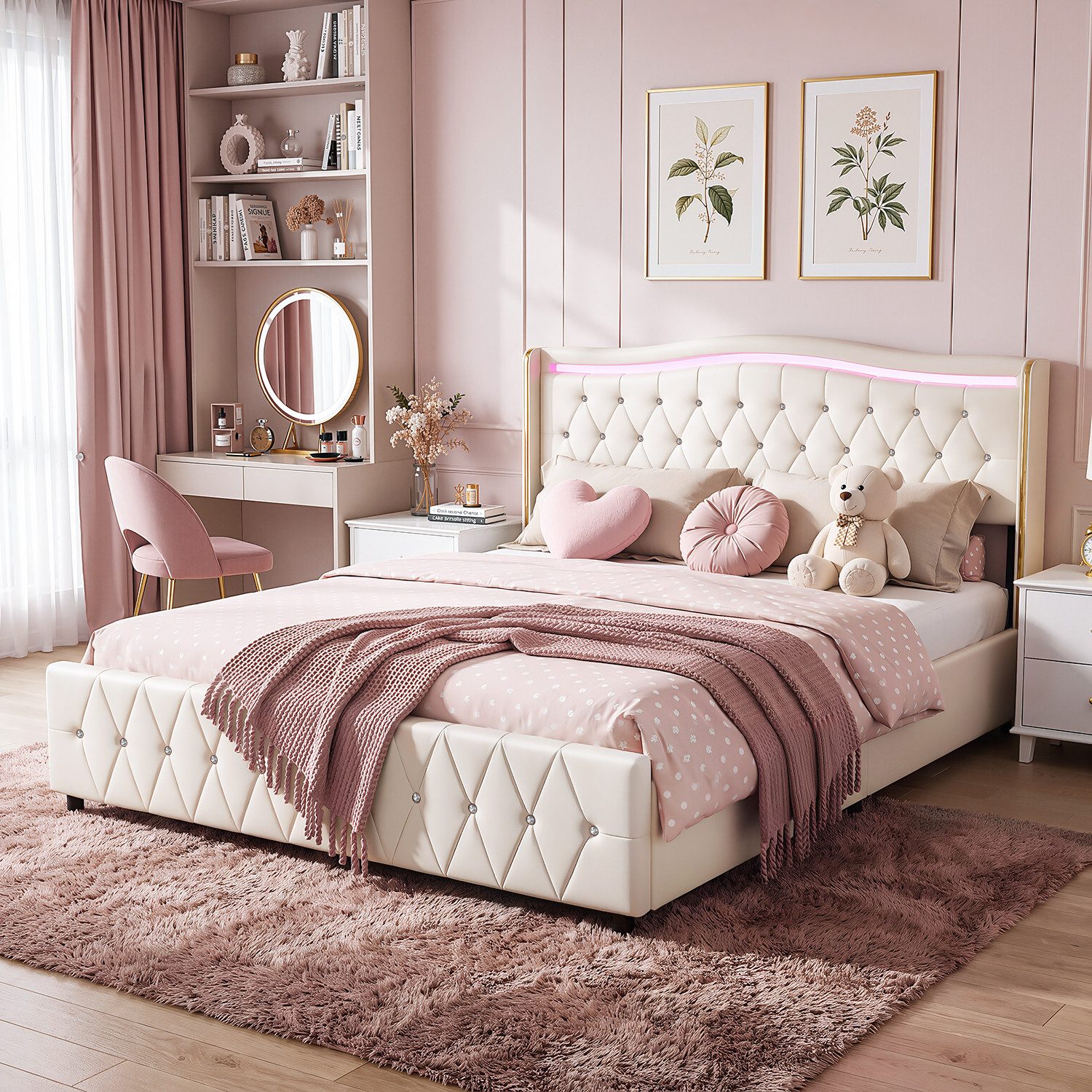 oyajia Polsterbett LED Doppelbett Stauraumbett mit Kopfteil und 4 Schubladen (Mit Lattenrost und Ladefunktion, PU-Leder materia …