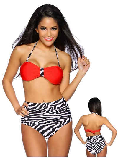 Samegame Bandeau-Bikini Vintage Retro Bandeau Bikini Set Rockabilly Bademode in Zebra-Motiv rot schwarz weiß