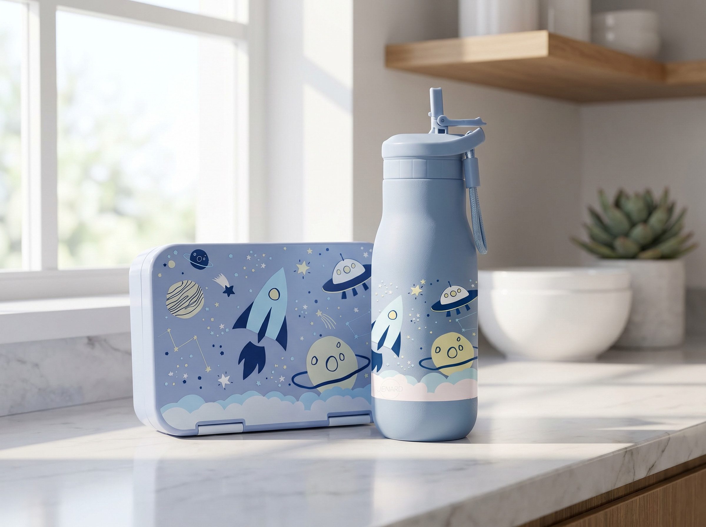 JENARD Lunchbox Brotdosen Set Kinder mit Edelstahl Trinkflasche Weltraum, Edelstahl, PP, (Brotdosen- und Trinkflaschen-Set, 2-teiliges Set, Brotdose und Trinkfl – Bild 2 von 5