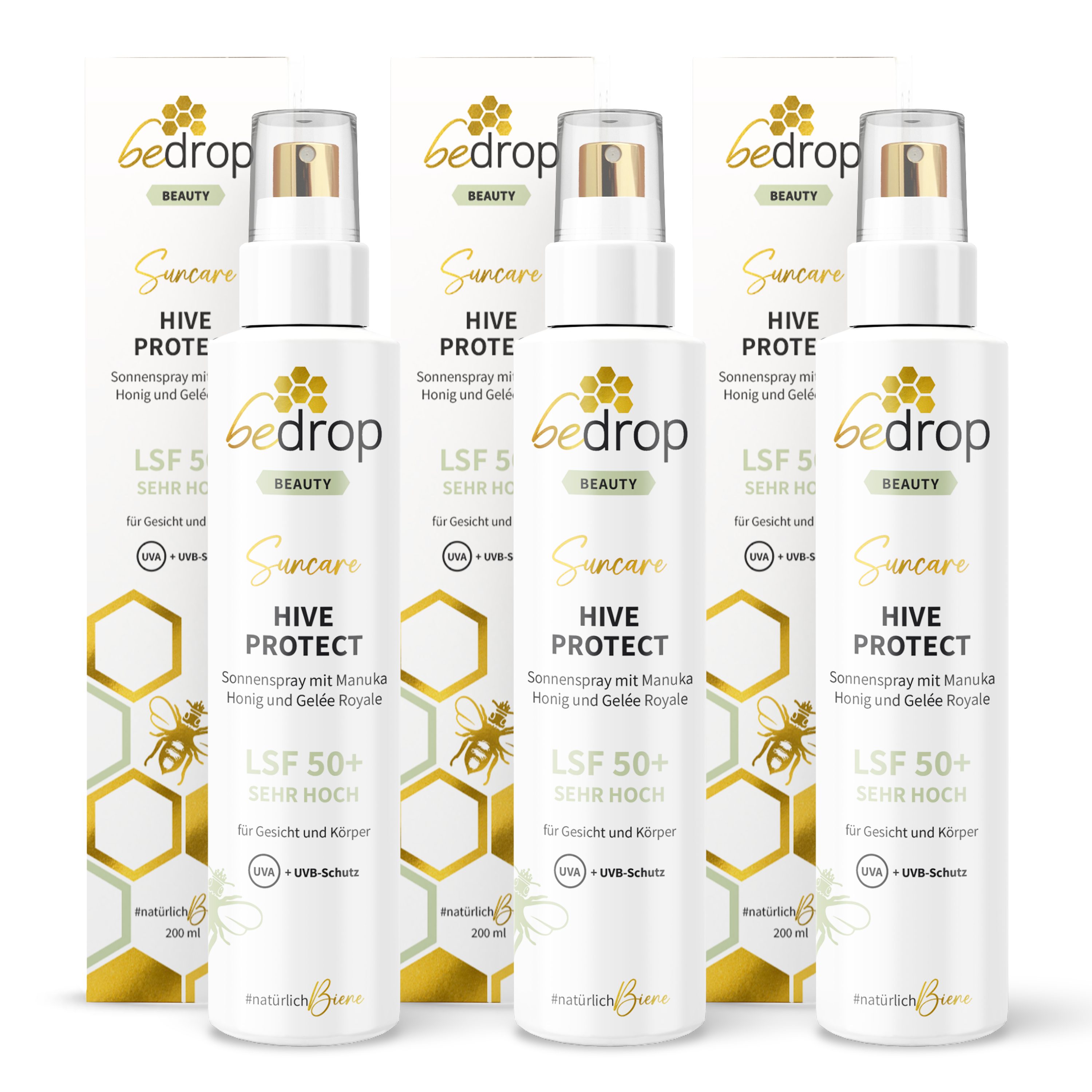 bedrop Sonnenschutzspray HIVE PROTECT LSF 50+ Sonnenspray mit Manuka Honig & Gelée Royale, hoher Sonnenschutz mit intensiver Pflegeformel für Gesicht und Körper