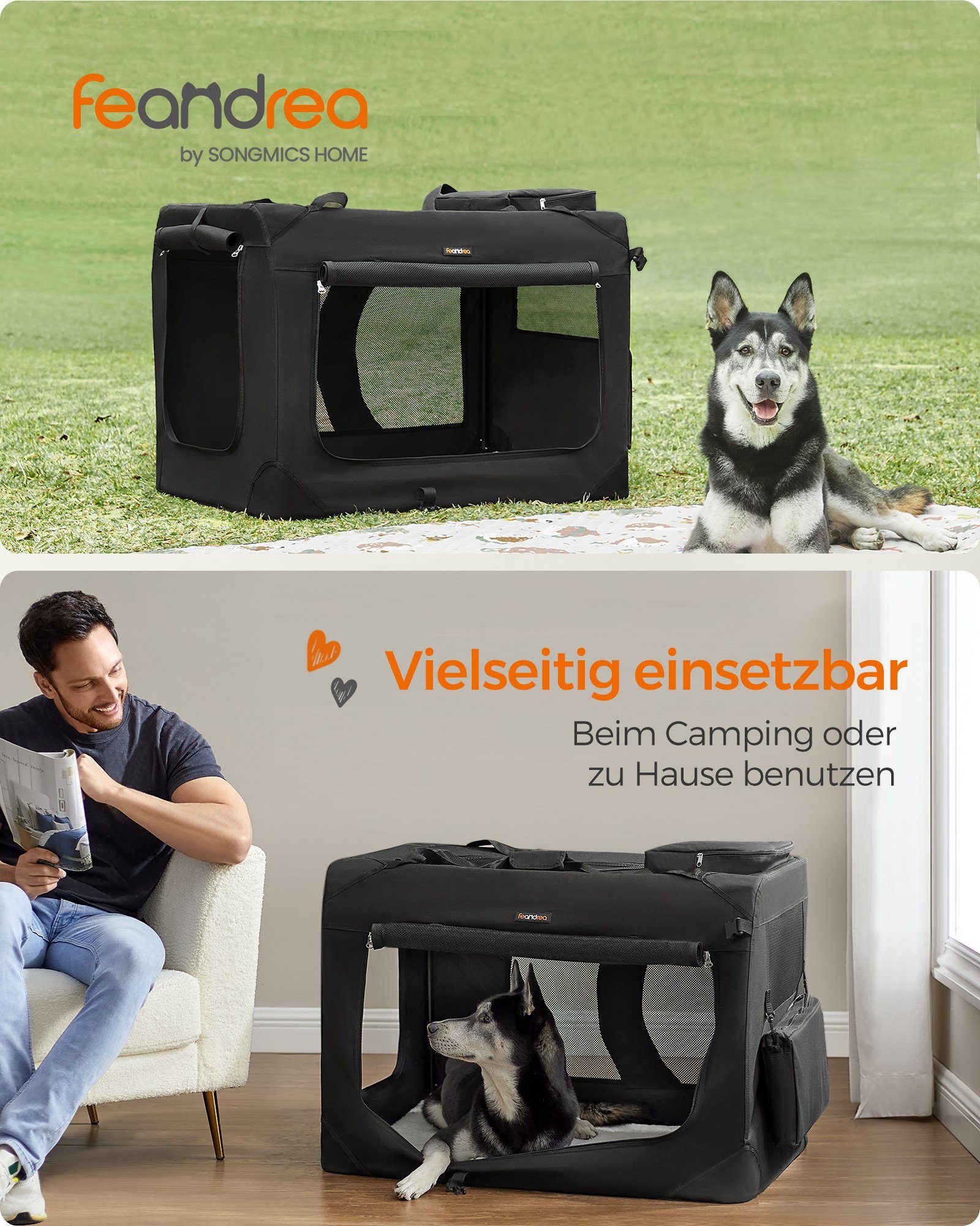 FEANDREA Tiertransporttasche Hundebox faltbar, Transportbox Hund, Hundetasche, mit Griffen, Taschen bis 42,00 kg, XXXL, Oxford-Gewebe, Netzstoff, Metallrahmen, 102 x 69 x 69 cm,schwarz