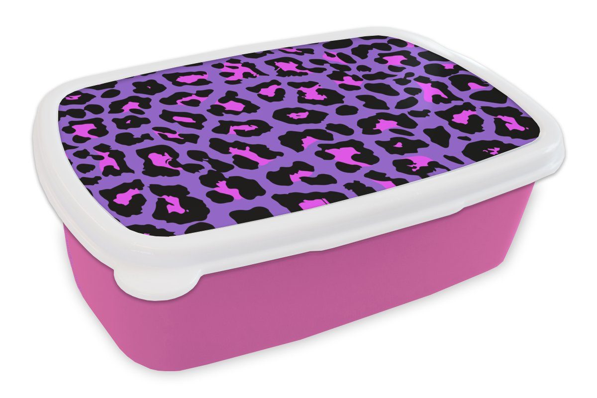MuchoWow Lunchbox Pantherdruck - Lila - Rosa - Neon, Kunststoff, (2-tlg), Brotbox für Erwachsene, Brotdose Kinder, Snackbox, Mädchen, Kunststoff