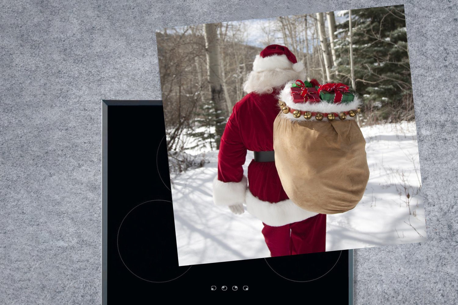 tlg), Herdblende-/Abdeckplatte Ceranfeldabdeckung, Arbeitsplatte MuchoWow küche für Sack Weihnachtsmann Weihnachtsgeschenke, cm, geht Vinyl, mit voller Der 78x78 (1 einem