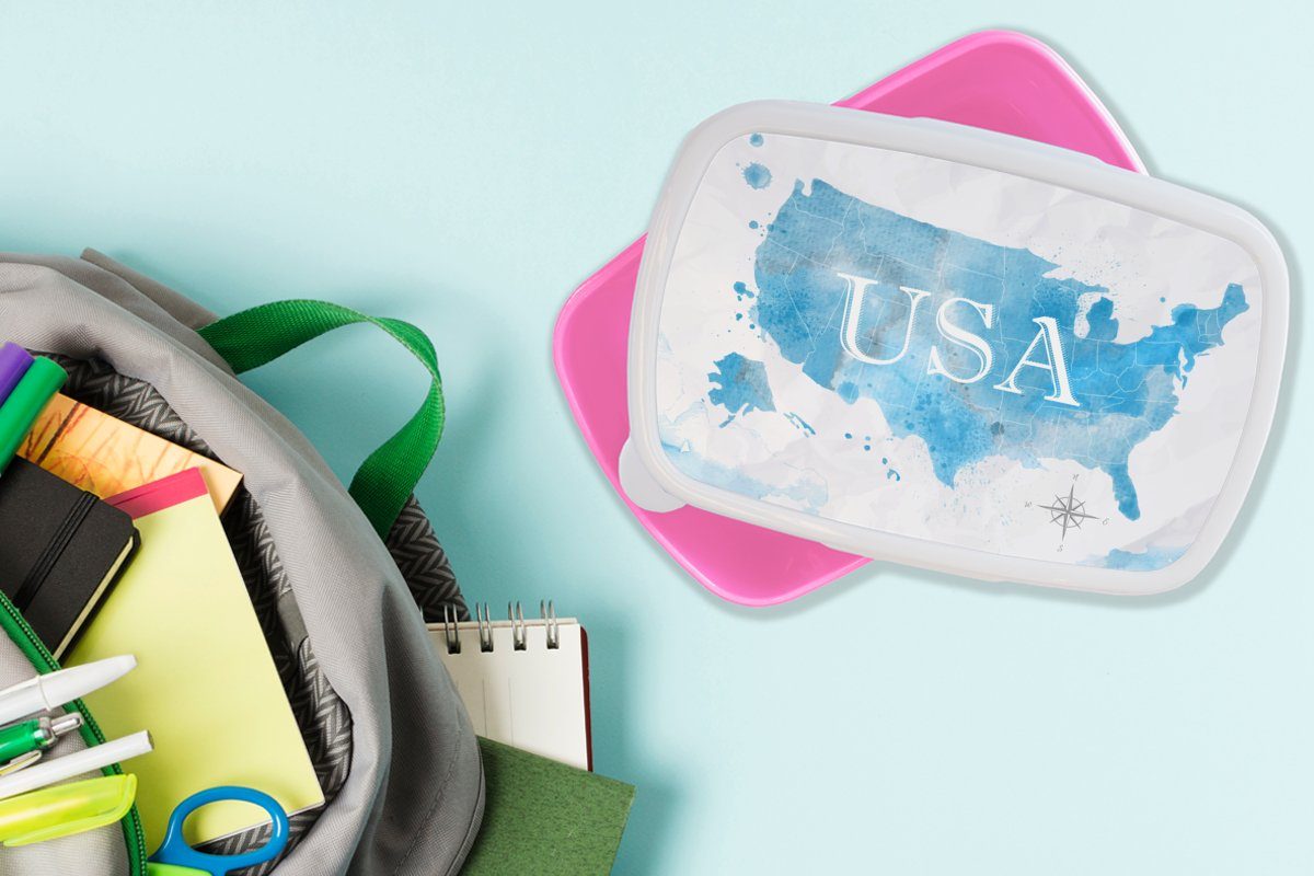 MuchoWow Lunchbox Vereinigte Staaten Brotdose Kunststoff - Brotbox Kinder, Weltkarte Aquarell, rosa Snackbox, Erwachsene, Mädchen, - für Kunststoff, (2-tlg)