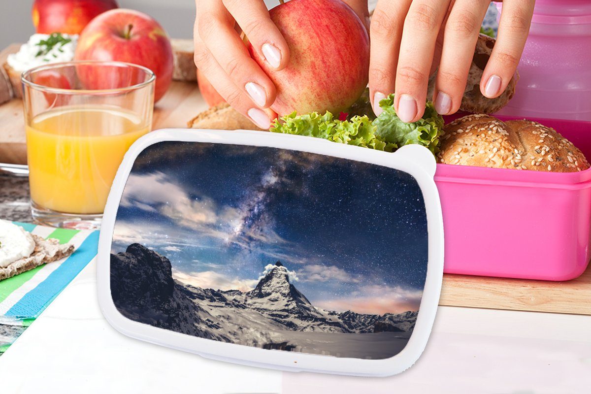 MuchoWow Lunchbox Zermatt Mädchen, Sternenhimmel bei Kunststoff Kinder, (2-tlg), Erwachsene, Snackbox, Brotdose Matterhorn Kunststoff, und Brotbox rosa Schweiz, für