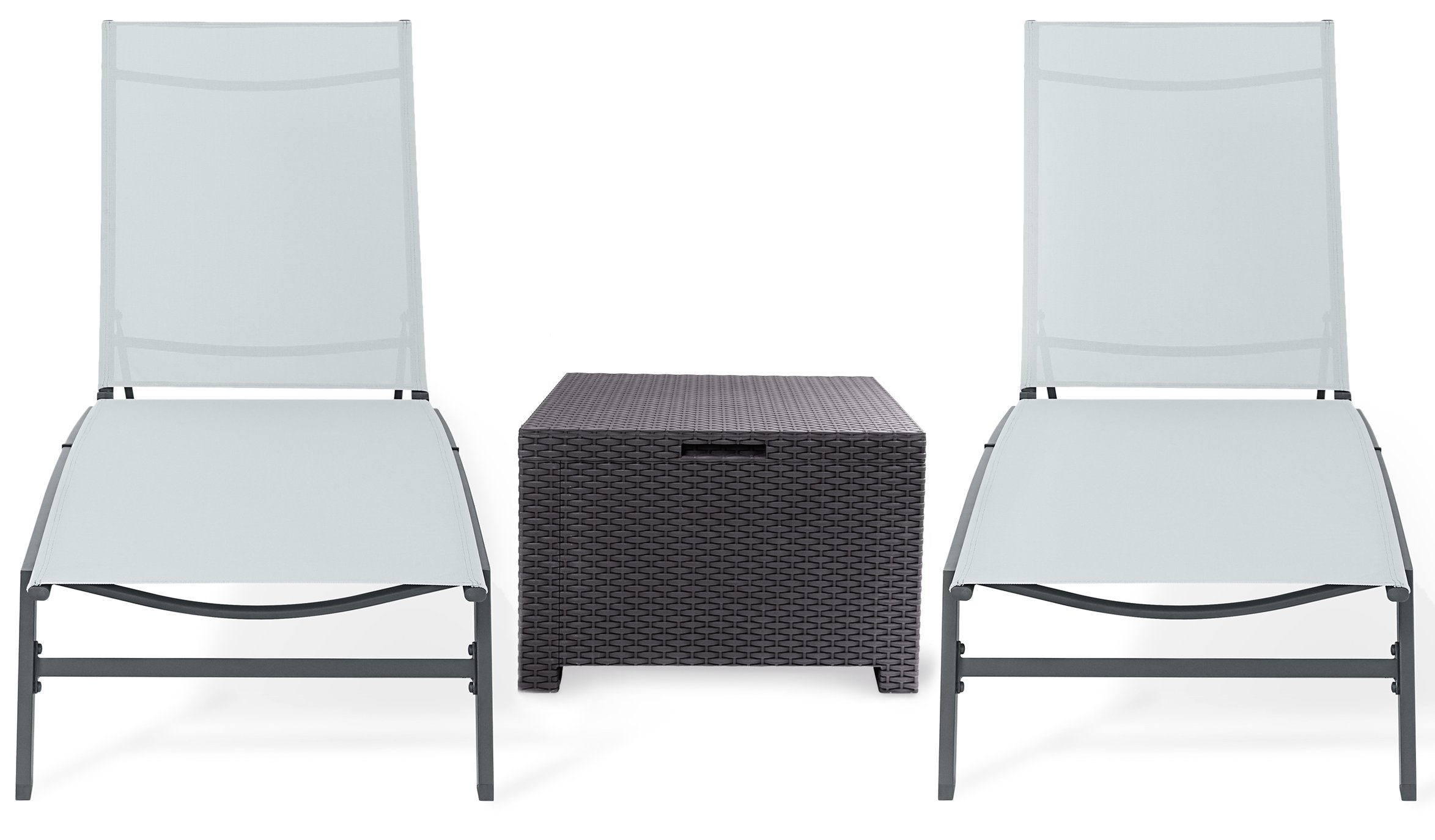 ONDIS24 Gartenliege Sonnenliegen 2er Set mit Beistelltisch/Kissenbox im Rattan Design, Metall Relaxliegen Pool Set, wetterfest, UV-beständig